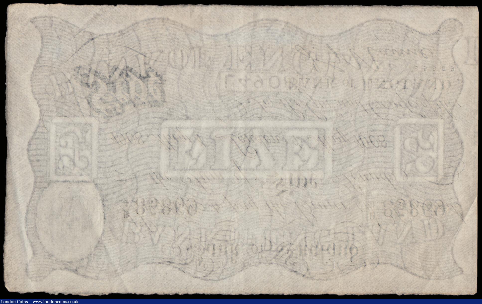 London Coins : A192 : Lot 27 : Five Pounds Nairne May 1st 1908, B208b, B/4 85869, rare early date, GVF or better with faint discolo...