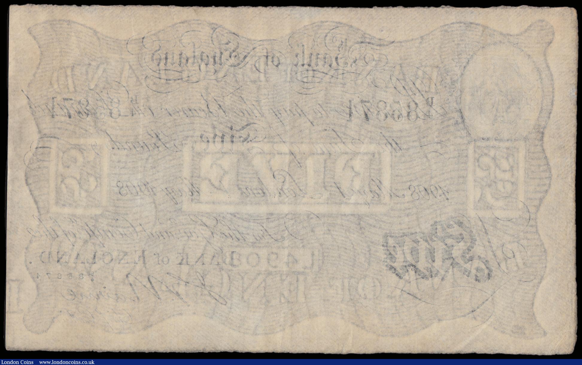 London Coins : A192 : Lot 29 : Five Pounds Nairne May 1st 1908, B208b, B/4 85871, rare early date, GVF or better with faint discolo...