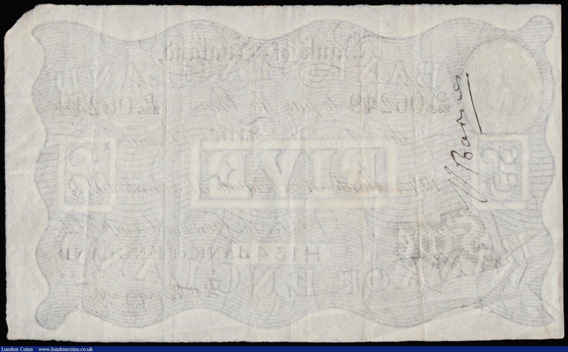 London Coins : A192 : Lot 32 : Five Pounds Peppiatt white B241 dated 31 March 1944 series D/238 06249, VF inked annotation reverse