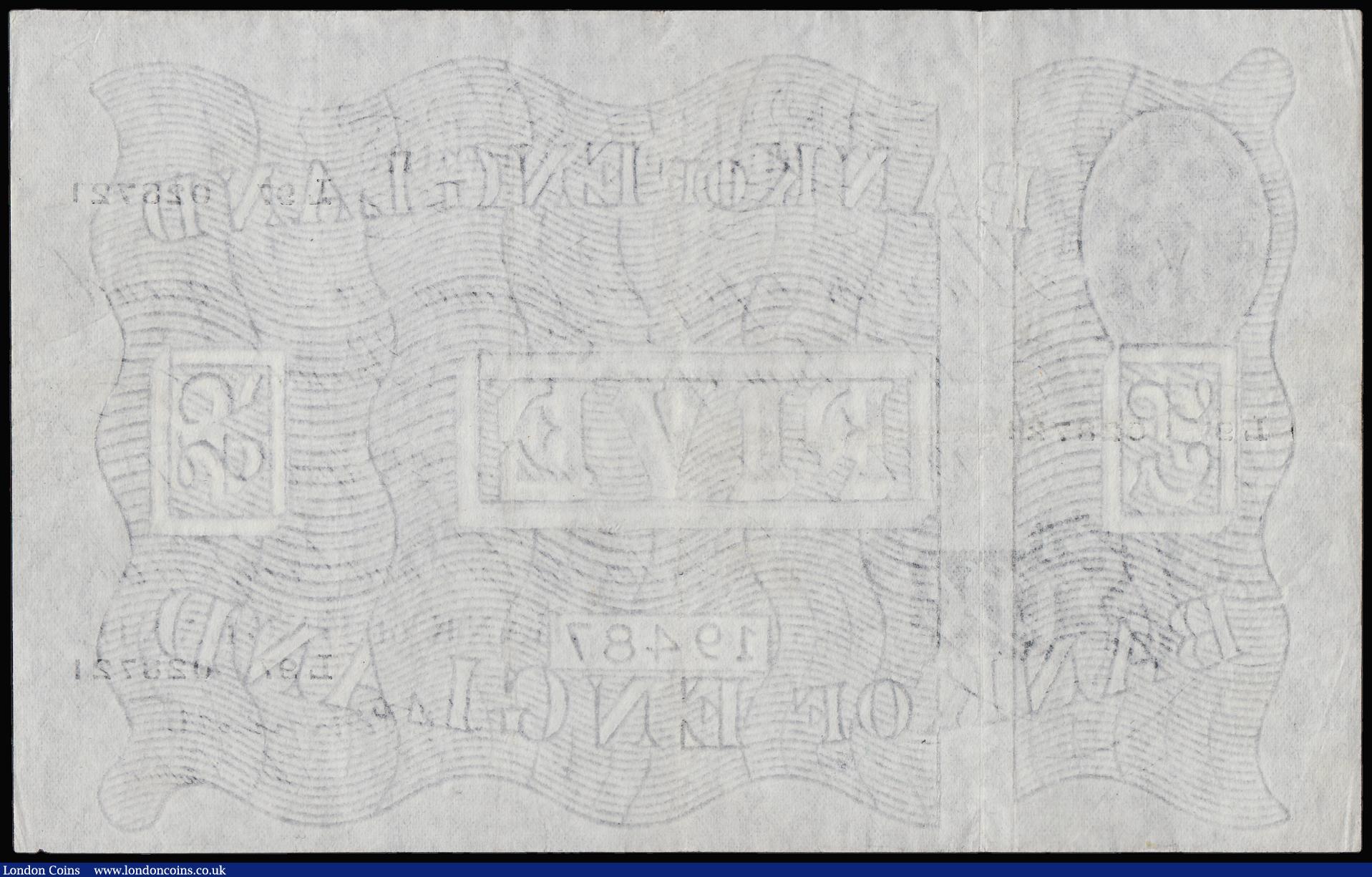 London Coins : A192 : Lot 37 : Five Pounds Peppiatt white B264 thin paper dated 22 April 1947 series L97 028721, Good VF