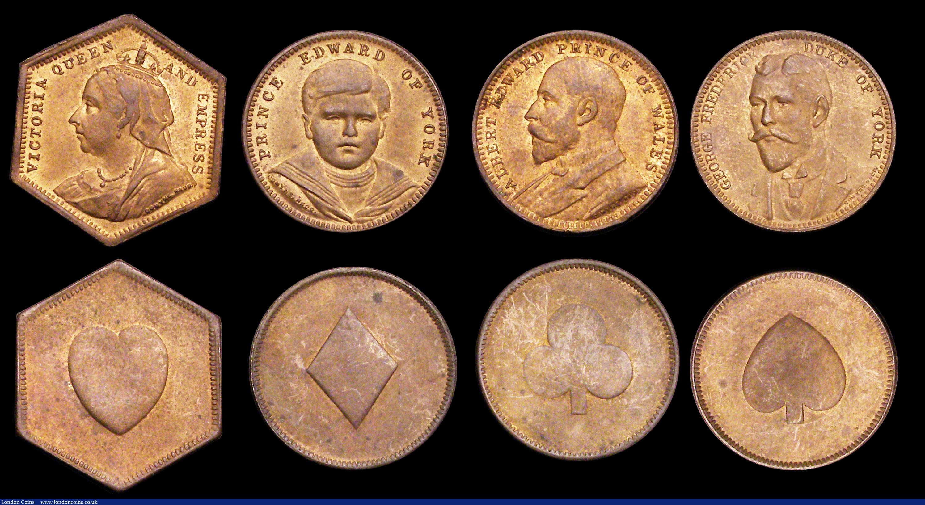 London Coins : A192 : Lot 372 : Card Tokens (4) A Heart, Spade, Daimond or Club symbol reverse Royalty obverse Victoria, Edward Prin...