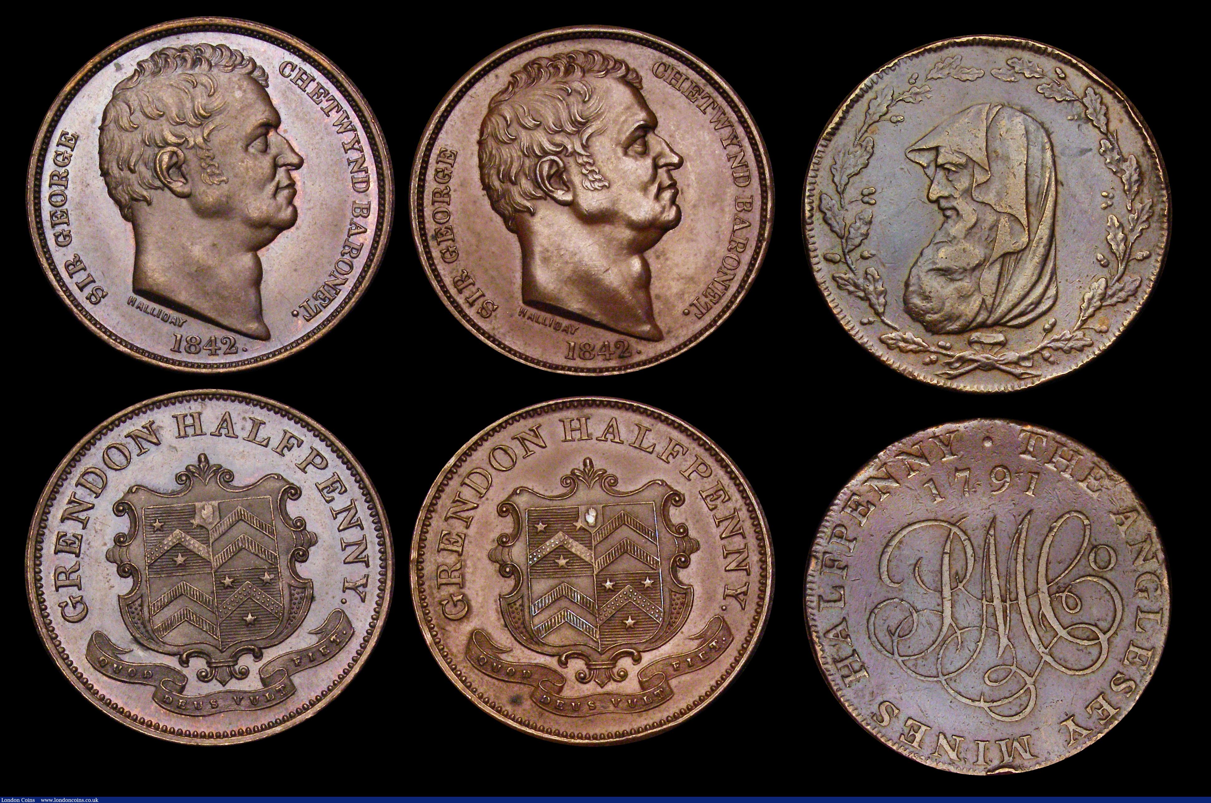 London Coins : A192 : Lot 374 : Copper Tokens (5) Anglesey Halfpenny 1791 EF, British Penny Token 1797 LUDGATE TAKEN DOWN ENLARGED P...
