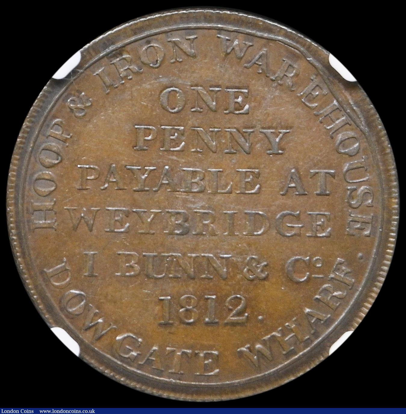 London Coins : A192 : Lot 384 : Penny 1812 Bunn and Company Weybridge W1200 Unc with some contact marks and graded MS61BN by NGC