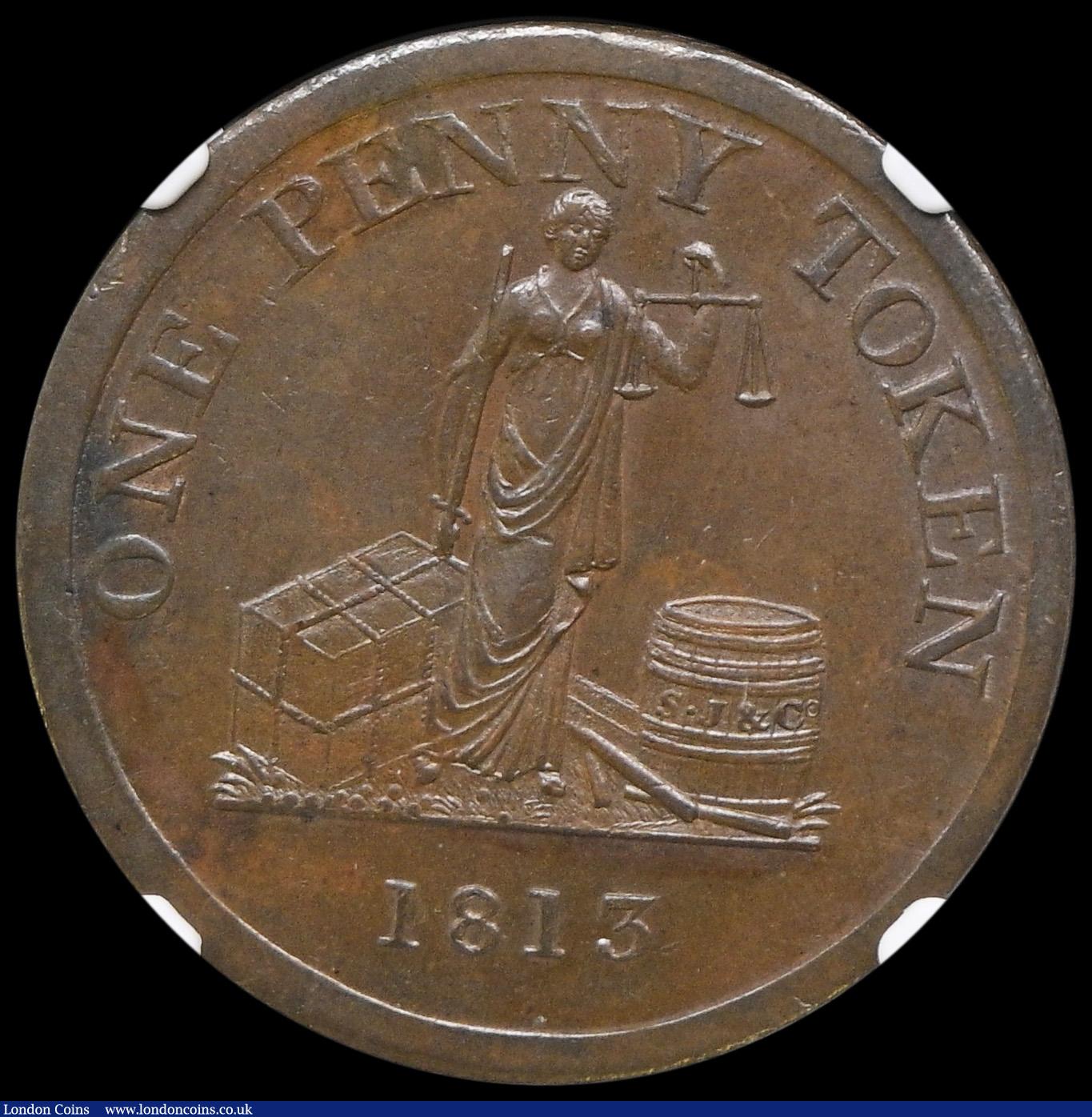 London Coins : A192 : Lot 388 : Penny 1813 Phoenix Ironworks Sheffield W1040 NGC MS62BN desirable thus