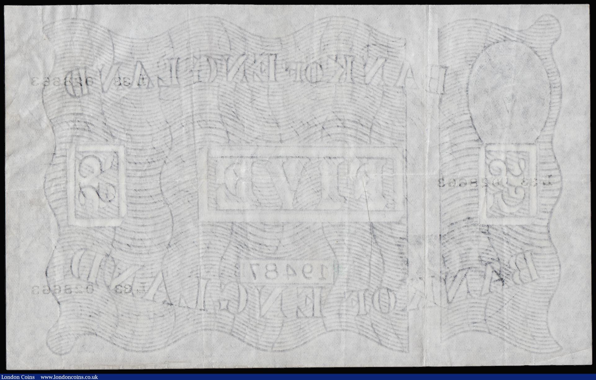 London Coins : A192 : Lot 39 : Five Pounds Peppiatt white B264 thin paper dated 5th February 1947 series L83 028663, VF or better