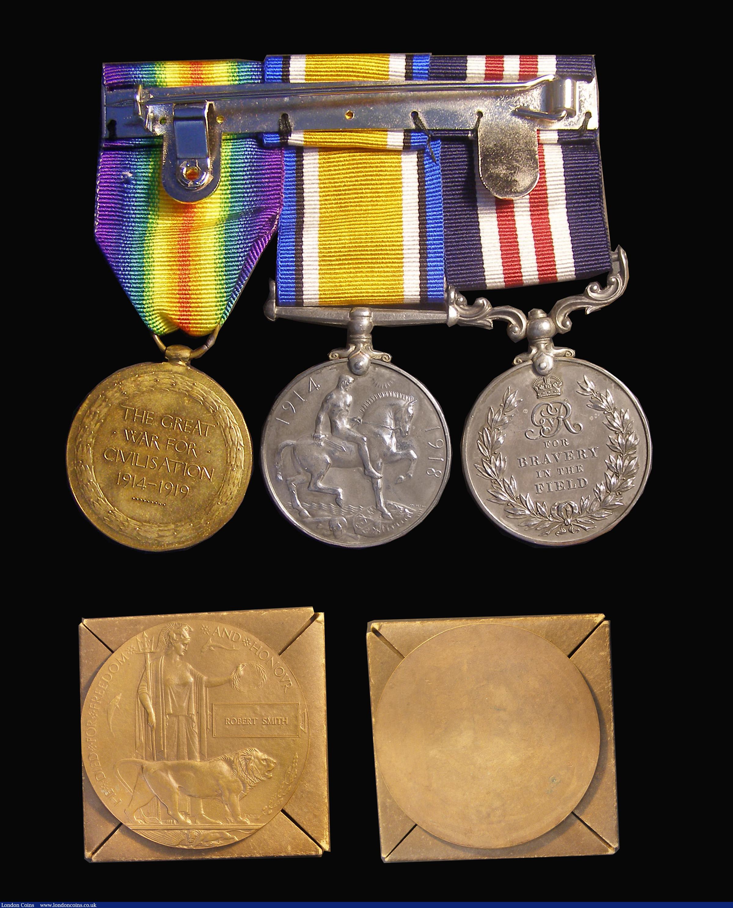 London Coins : A192 : Lot 395 : First World War casualty group of three including Bravery in the Field with ribbons along with Death...
