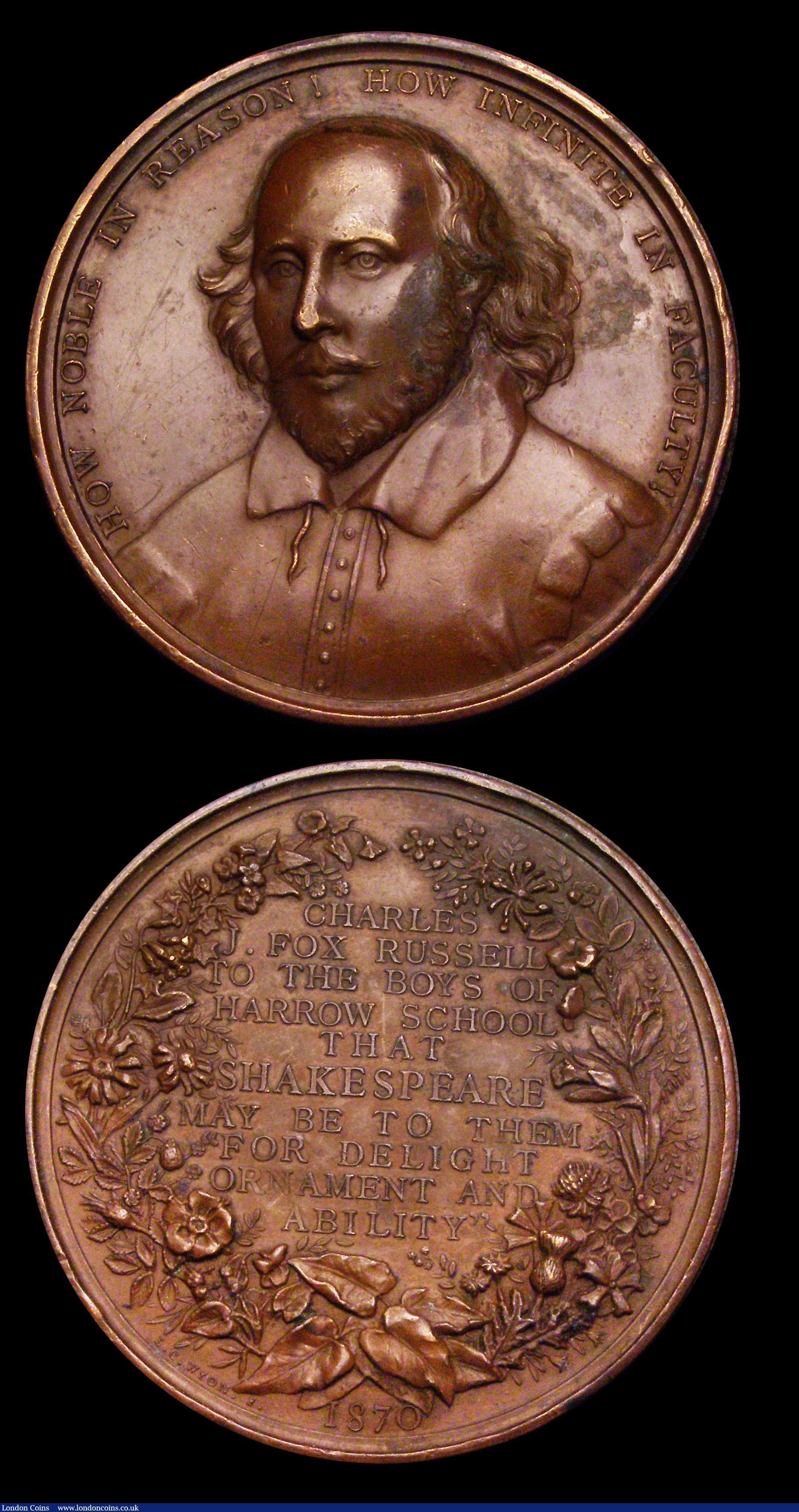 London Coins : A192 : Lot 420 : Harrow School - The Shakespeare Prize - 44mm diameter in bronze by L.C.Wyon,  Obverse: Bust of Shake...