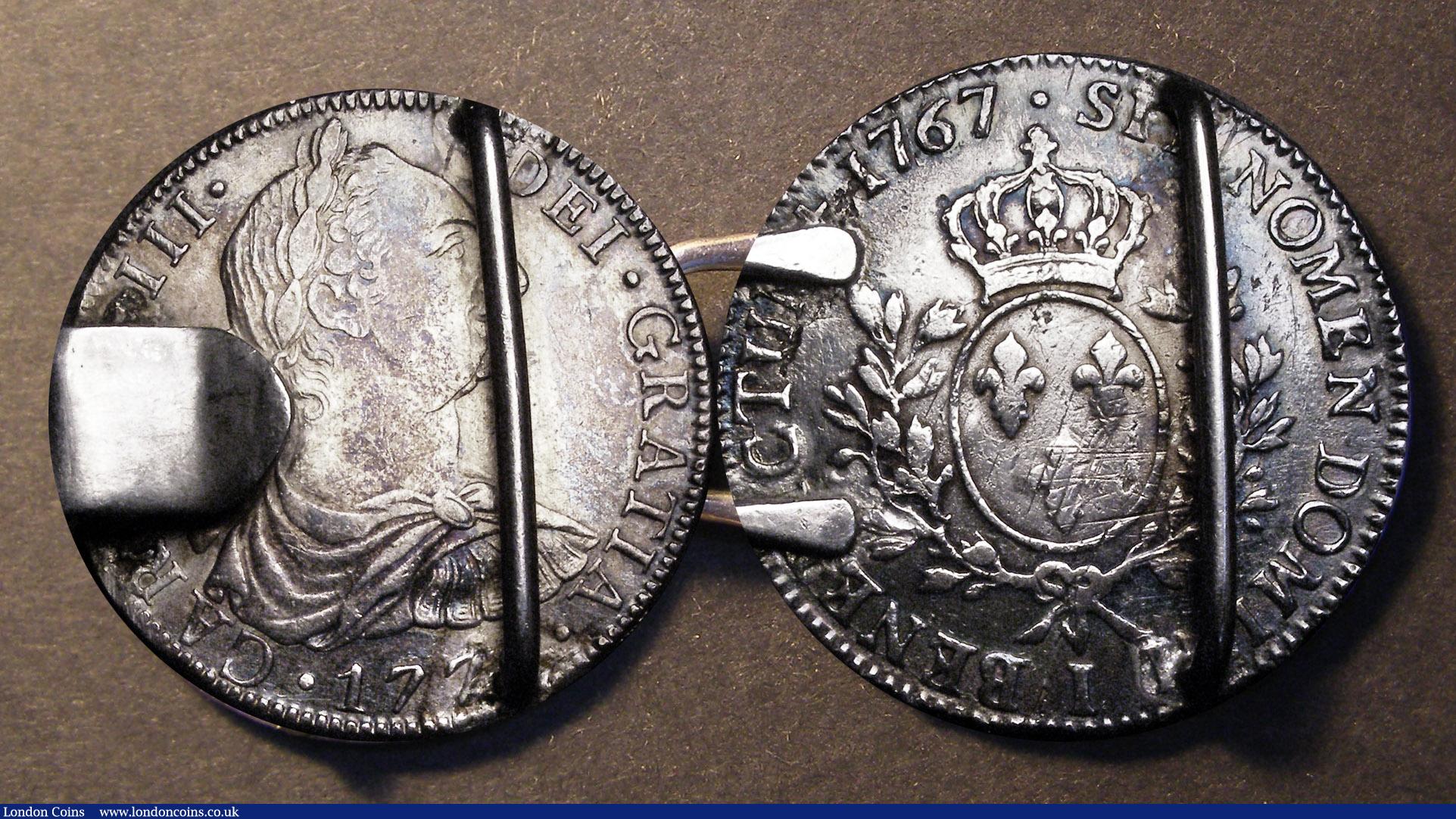London Coins : A192 : Lot 471 : An 18th century  belt buckle made up of two silver world crowns France Ecu 1767 and Spanish Colonial...