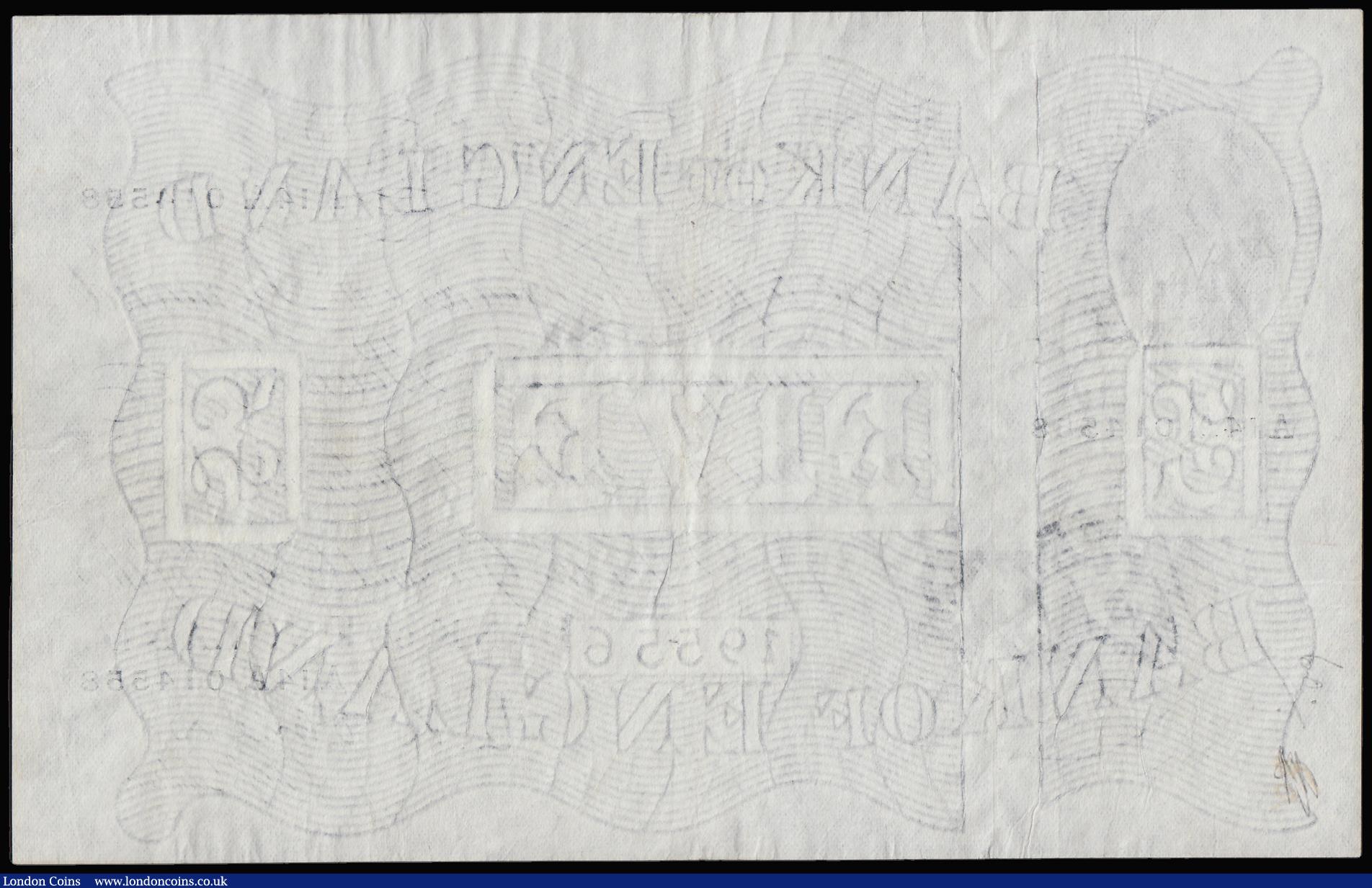 London Coins : A192 : Lot 50 : Five Pounds O'Brien white B276 dated 1st July 1955 prefix A14A, EF inked mark reverse bottom corner
