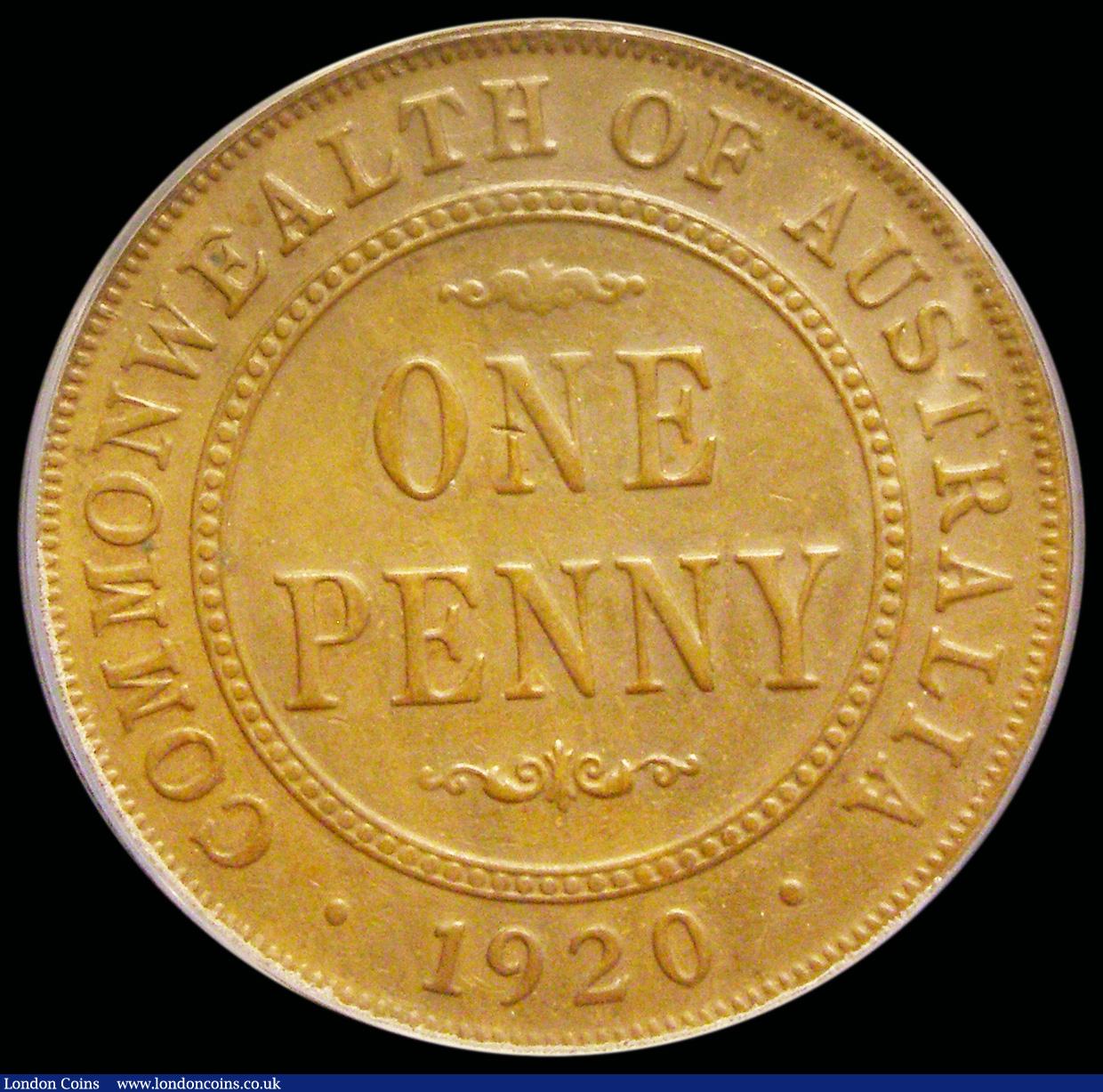 London Coins : A192 : Lot 506 : Australia Penny 1920 No Dots KM#23, in an ANACS holder and graded EF40 and a scarce