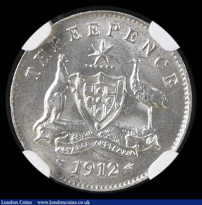 London Coins : A192 : Lot 524 : Australia Threepence 1912 KM#24 NGC MS62 and rare in high grade
