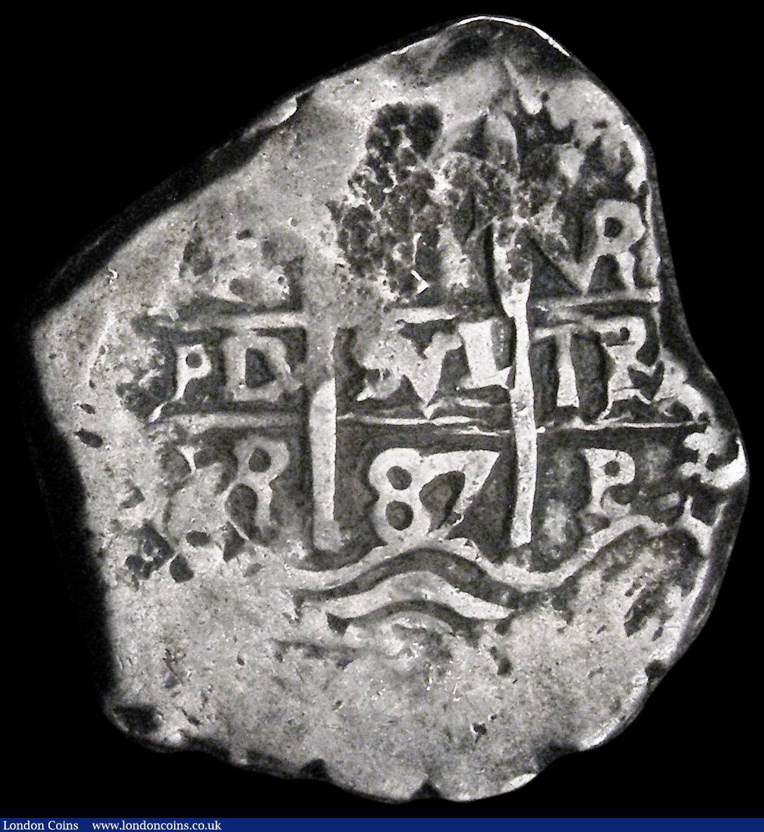 London Coins : A192 : Lot 534 : Bolivia 2 Reales Cob 1687 uneven wear as usual F-VF (5.78 g)