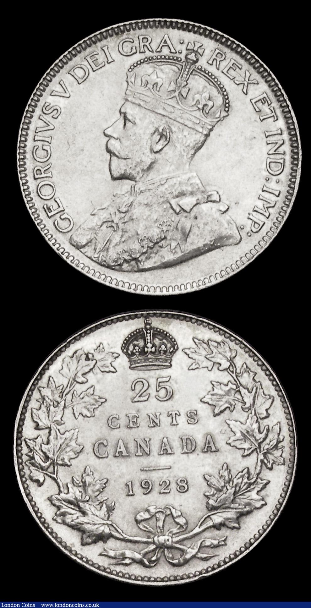 London Coins : A192 : Lot 574 : East Africa Shilling 1925 AU with some dark toning spots and Canada 25 Cents 1928 EF