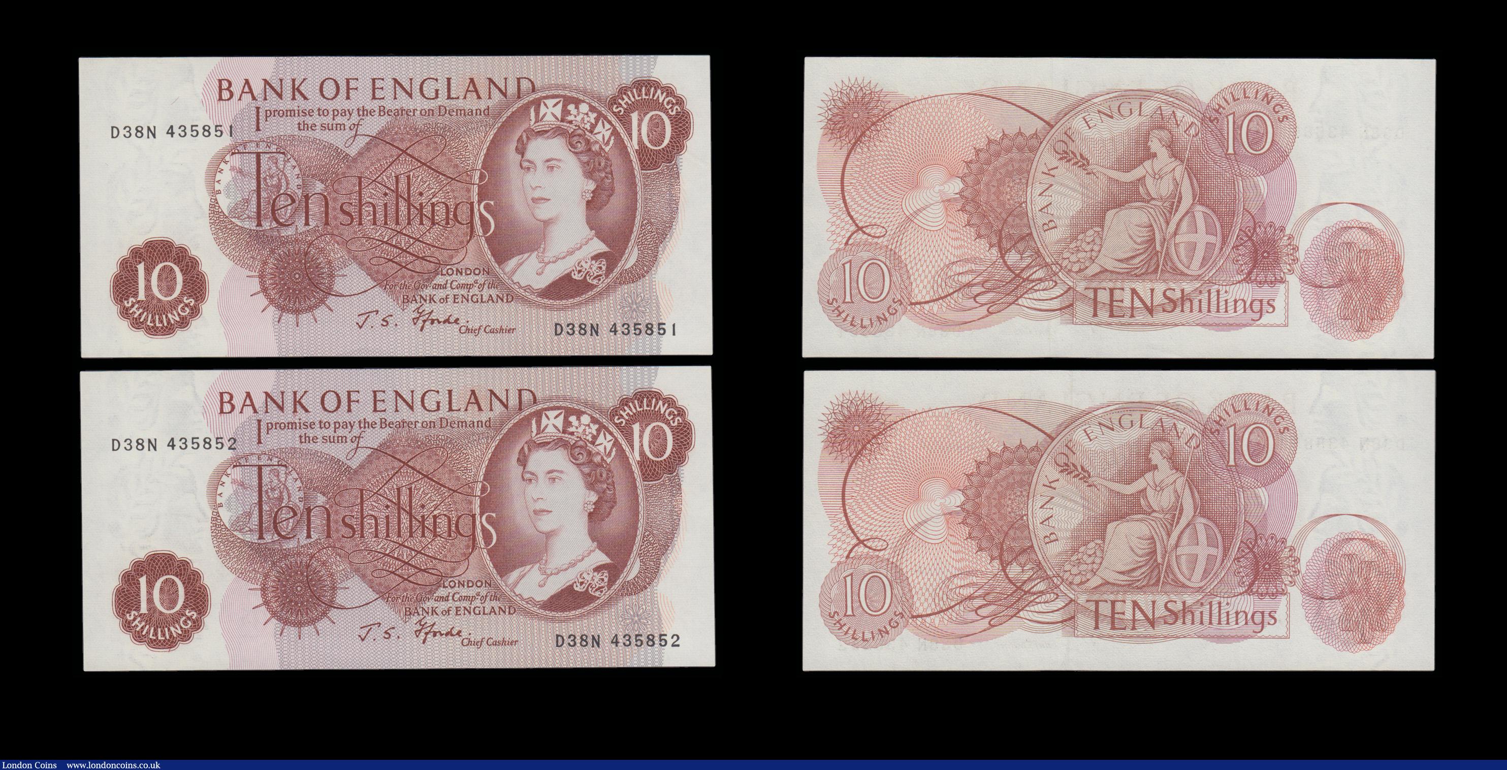 London Coins : A192 : Lot 59 : Ten Shillings Fforde B310 issued 1967 very last run D38N (5 consecutives) 435848 - 435852  UNC