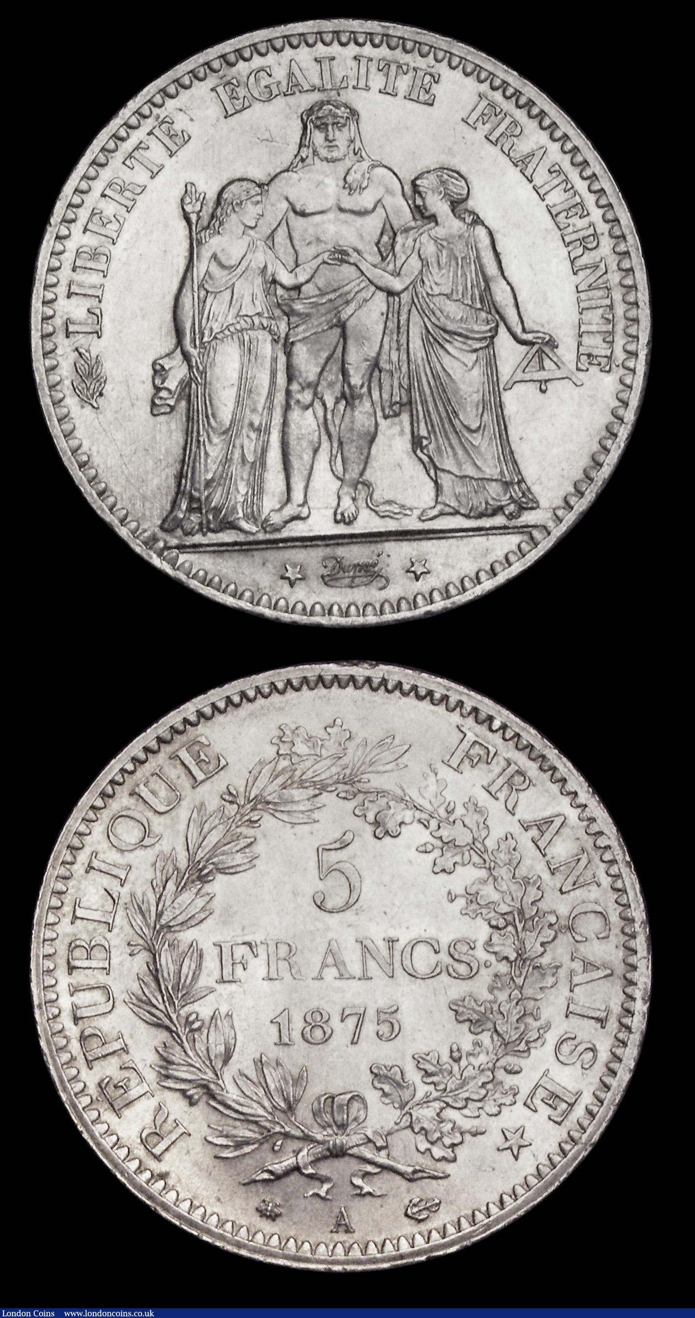 London Coins : A192 : Lot 598 : France 5 Francs (2) 1873A and 1875A KM#820.1both UNC and lustrous with minor contact marks