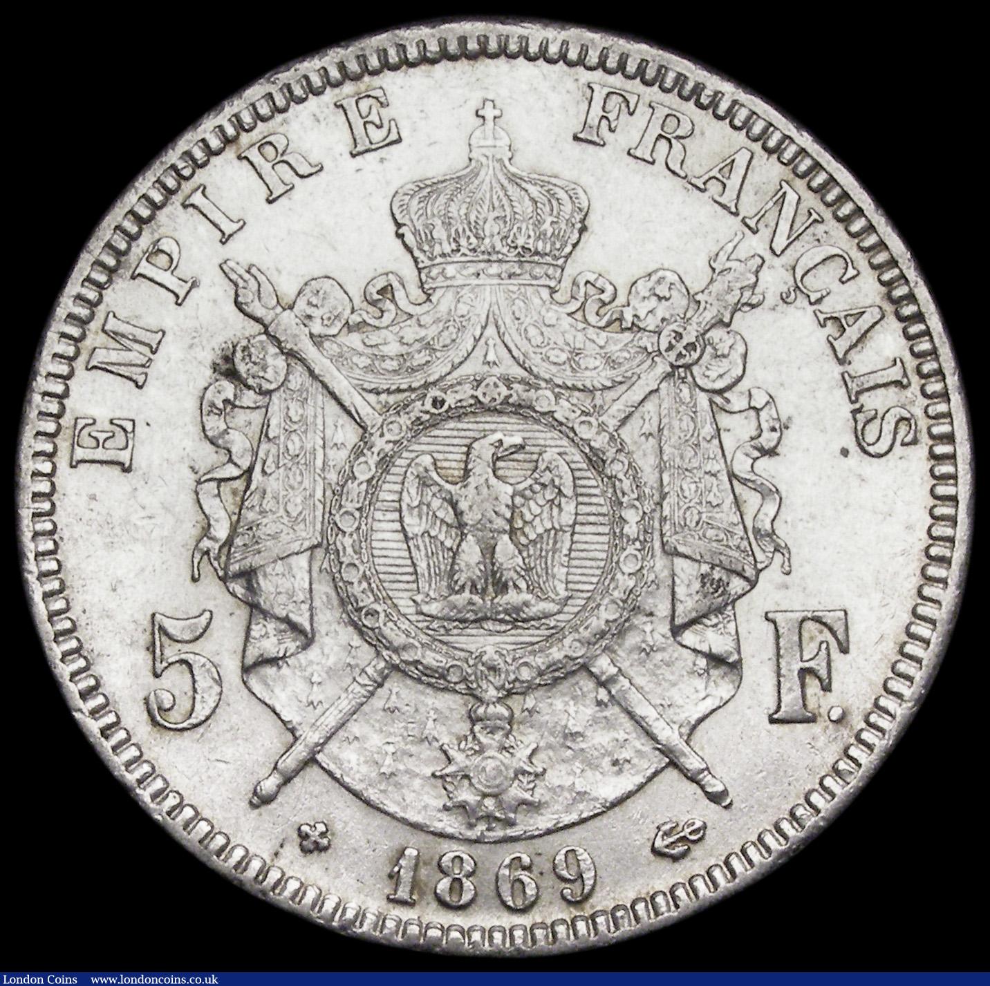 London Coins : A192 : Lot 601 : France 5 Francs 1869 BB Second Empire bright EF