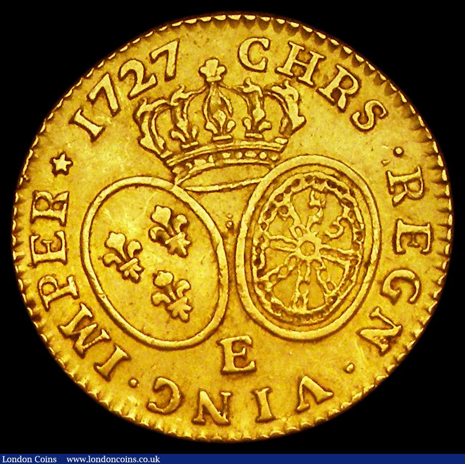 London Coins : A192 : Lot 608 : France Louis D'Or 1727 E KM489.7 privy mark under bust sideways C or horseshoe pleasant VF the ...