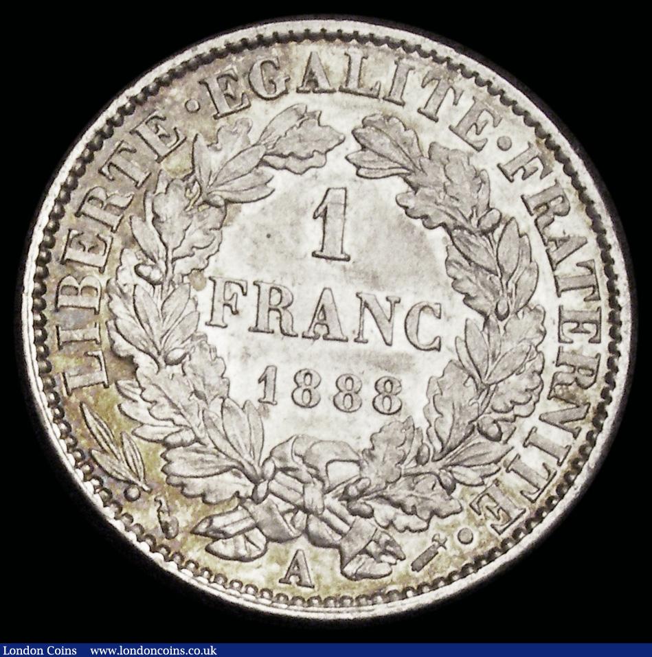 London Coins : A192 : Lot 610 : France One Franc 1888A KM#822.1  AU/UNC with peripheral gold tone and mint lustre