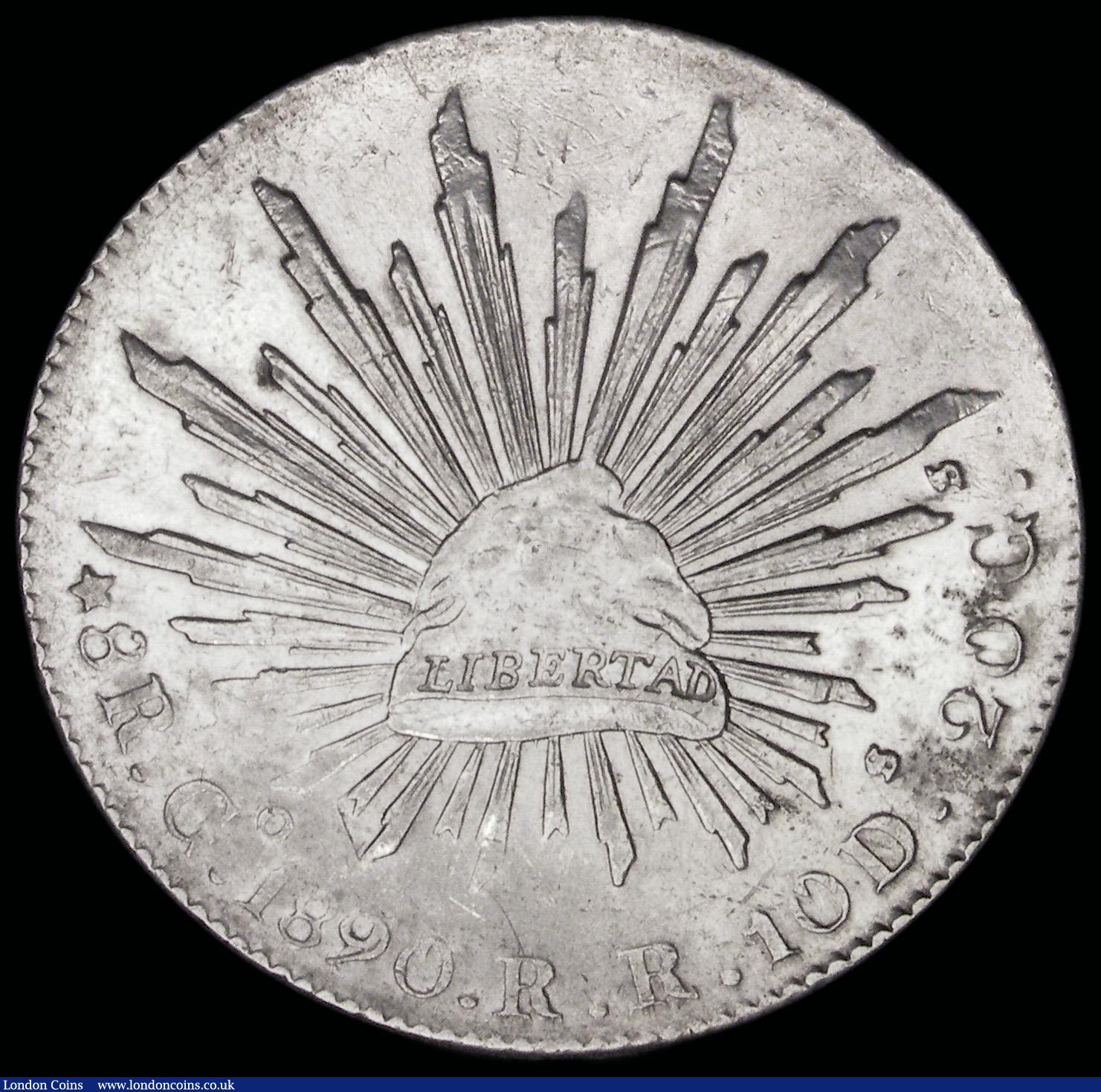 London Coins : A192 : Lot 679 : Mexico Eight Reales 1890 Go JJ Guanajuato KM#377.8 NEF with an area of slightly lighter toning on th...