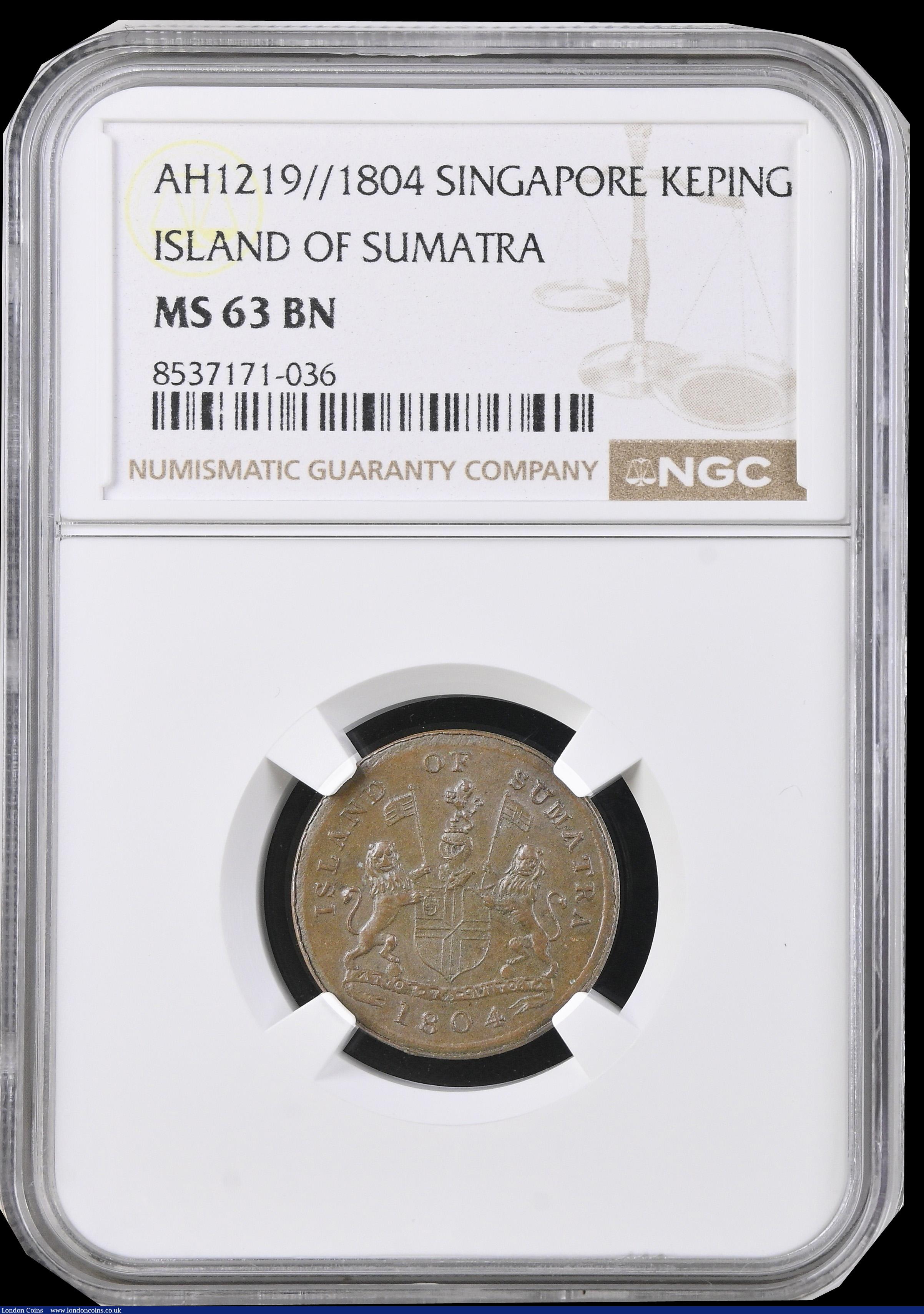 London Coins : A192 : Lot 687 : Netherlands East Indies - Sumatra Keping AH1219 (1804) NHC MS63BN