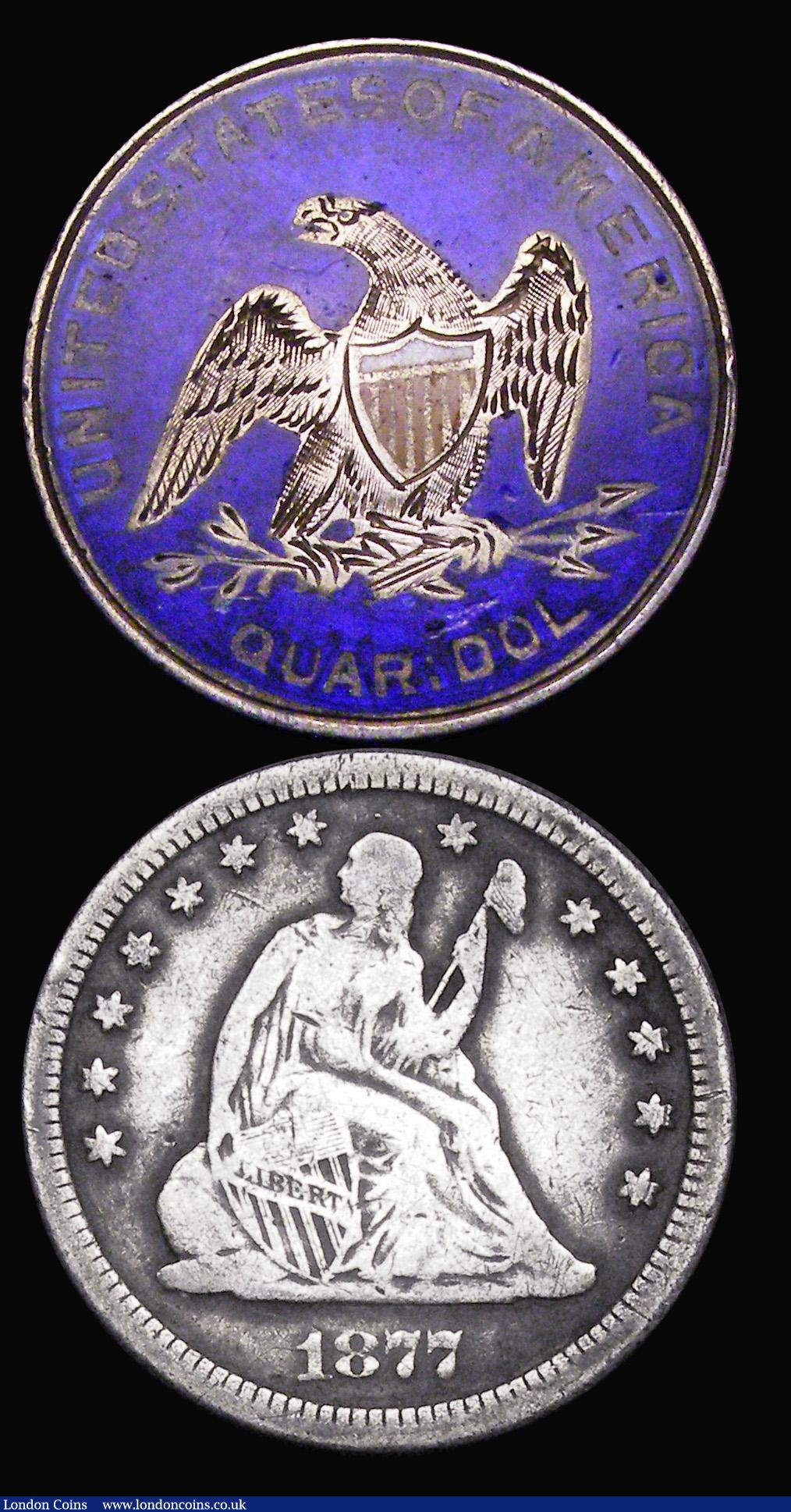 London Coins : A192 : Lot 763 : USA Enamelled (2) Half Dollar 1868 reverse enamelled in 4 colours and 25 Cents 1877 reverse enamelle...