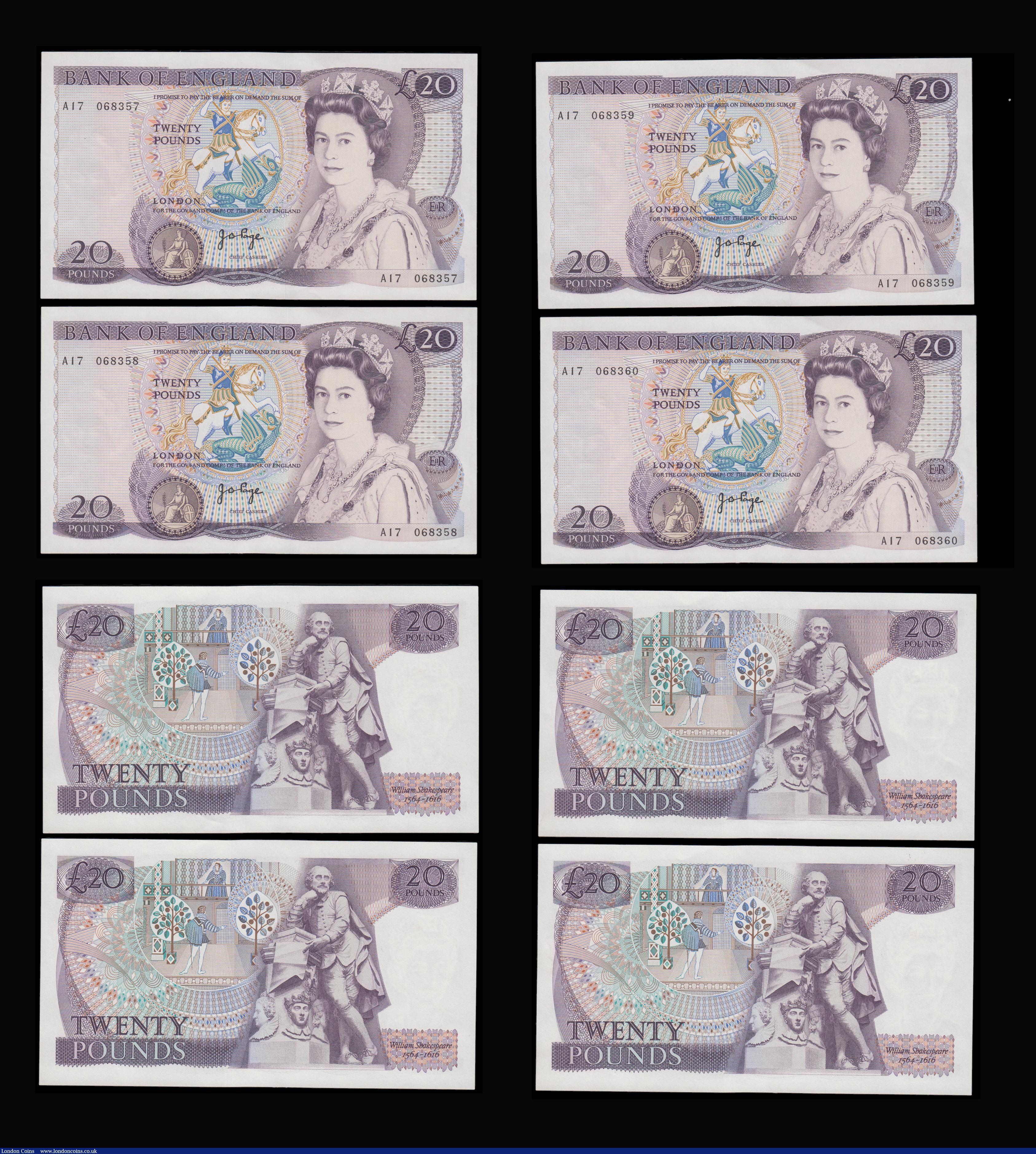 London Coins : A192 : Lot 77 : Twenty Pounds Page B328 issued 1970 first series William Shakespeare on reverse, Pick380b (10 consec...
