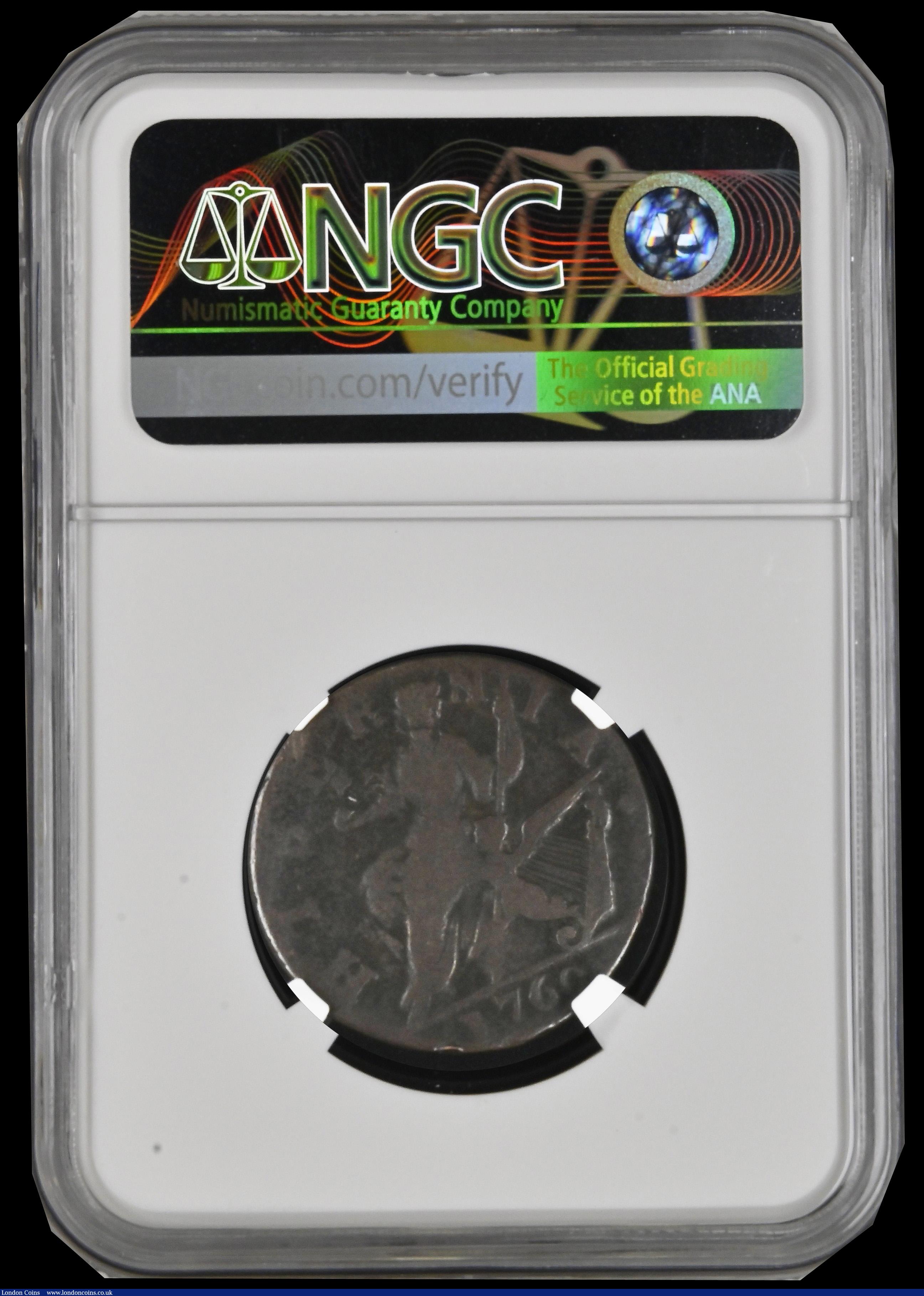 London Coins : A192 : Lot 775 : USA Halfpenny 1760 VOCE POPULI No P obverse Britannia's Head divides R and N in an NGC holder g...