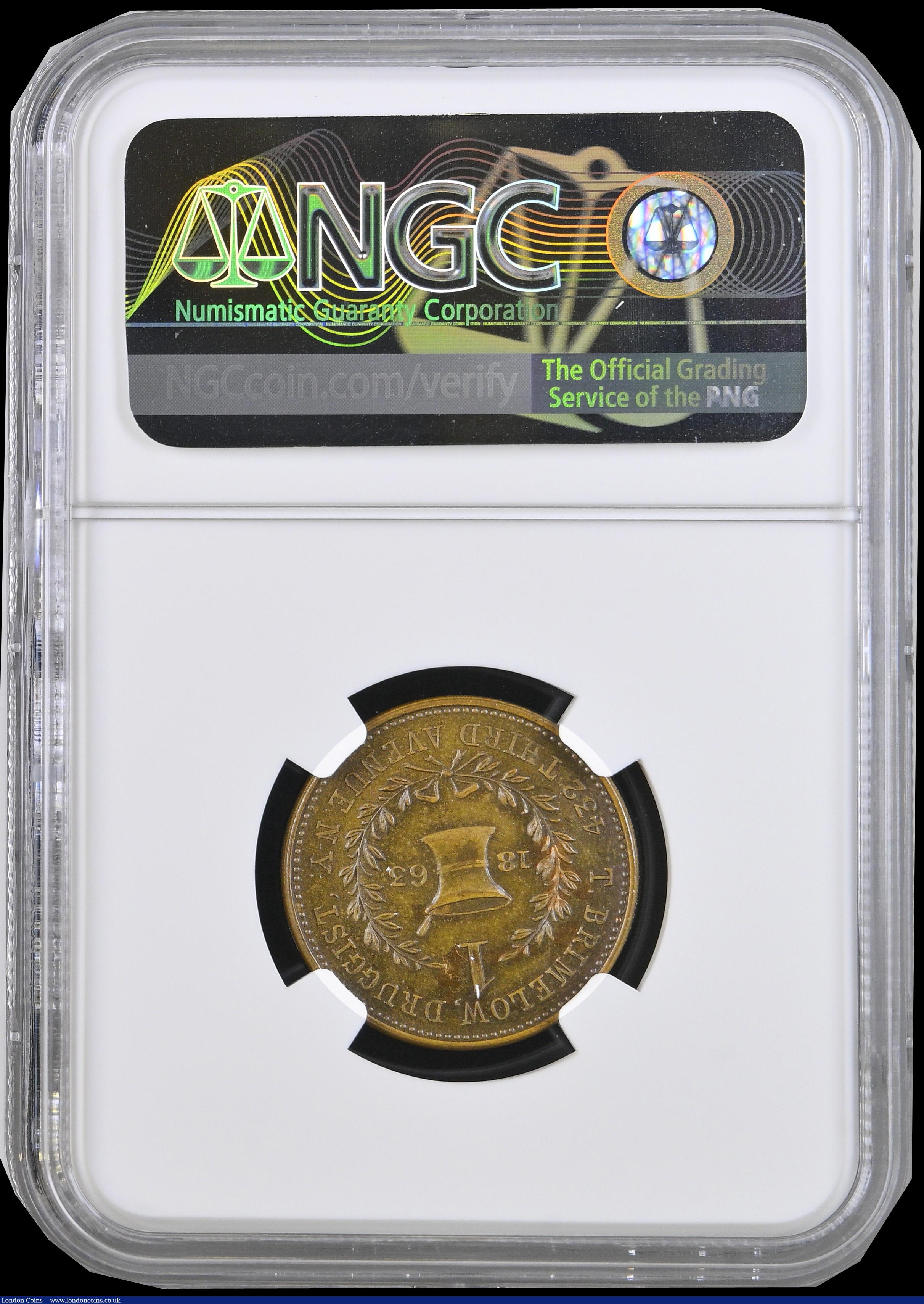 London Coins : A192 : Lot 776 : USA One Cent 1863 Token T. Brimelow Druggist New York F-630K-2a NGC MS63BN