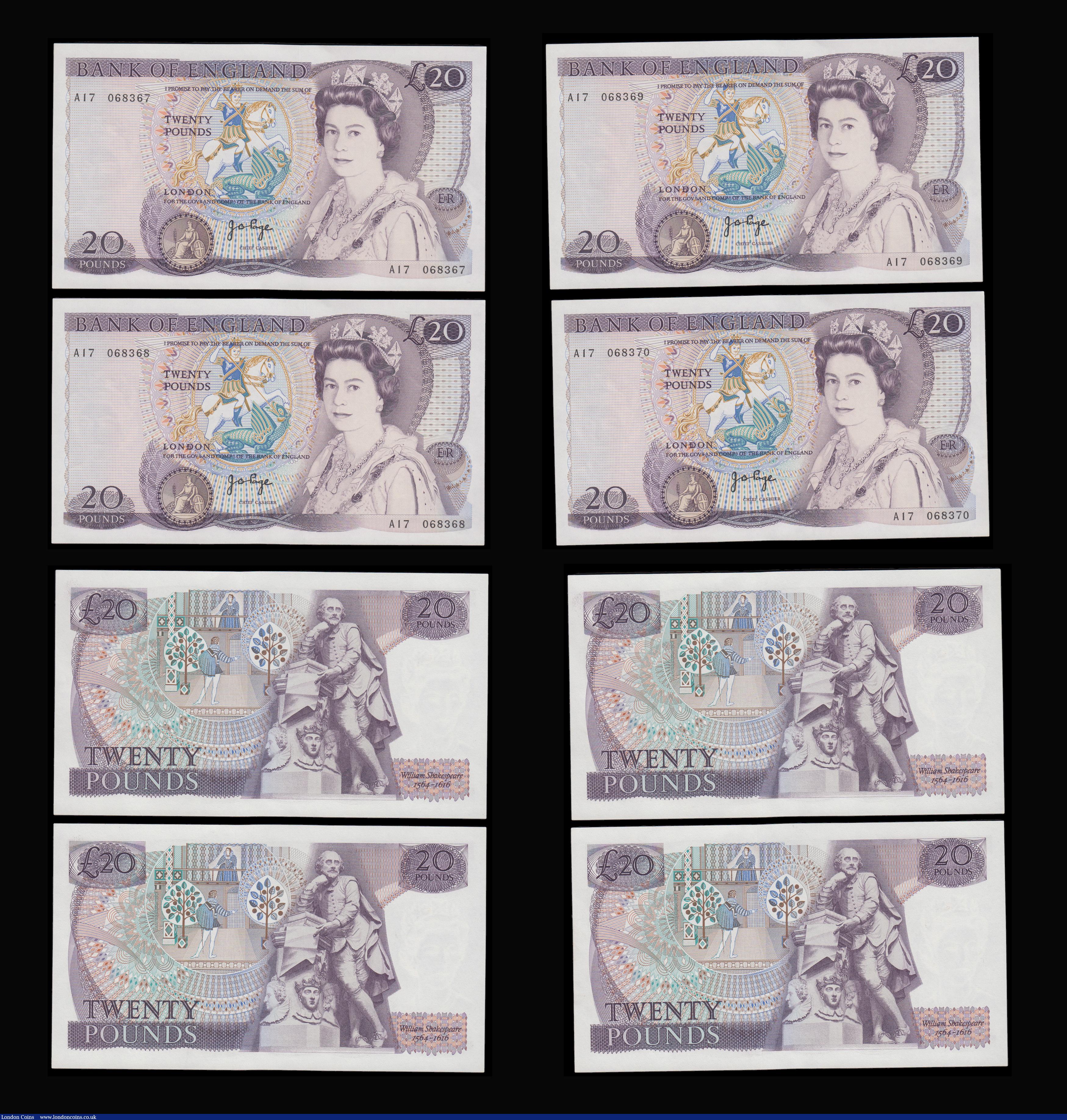 London Coins : A192 : Lot 78 : Twenty Pounds Page B328 issued 1970 first series William Shakespeare on reverse, Pick380b (10 consec...