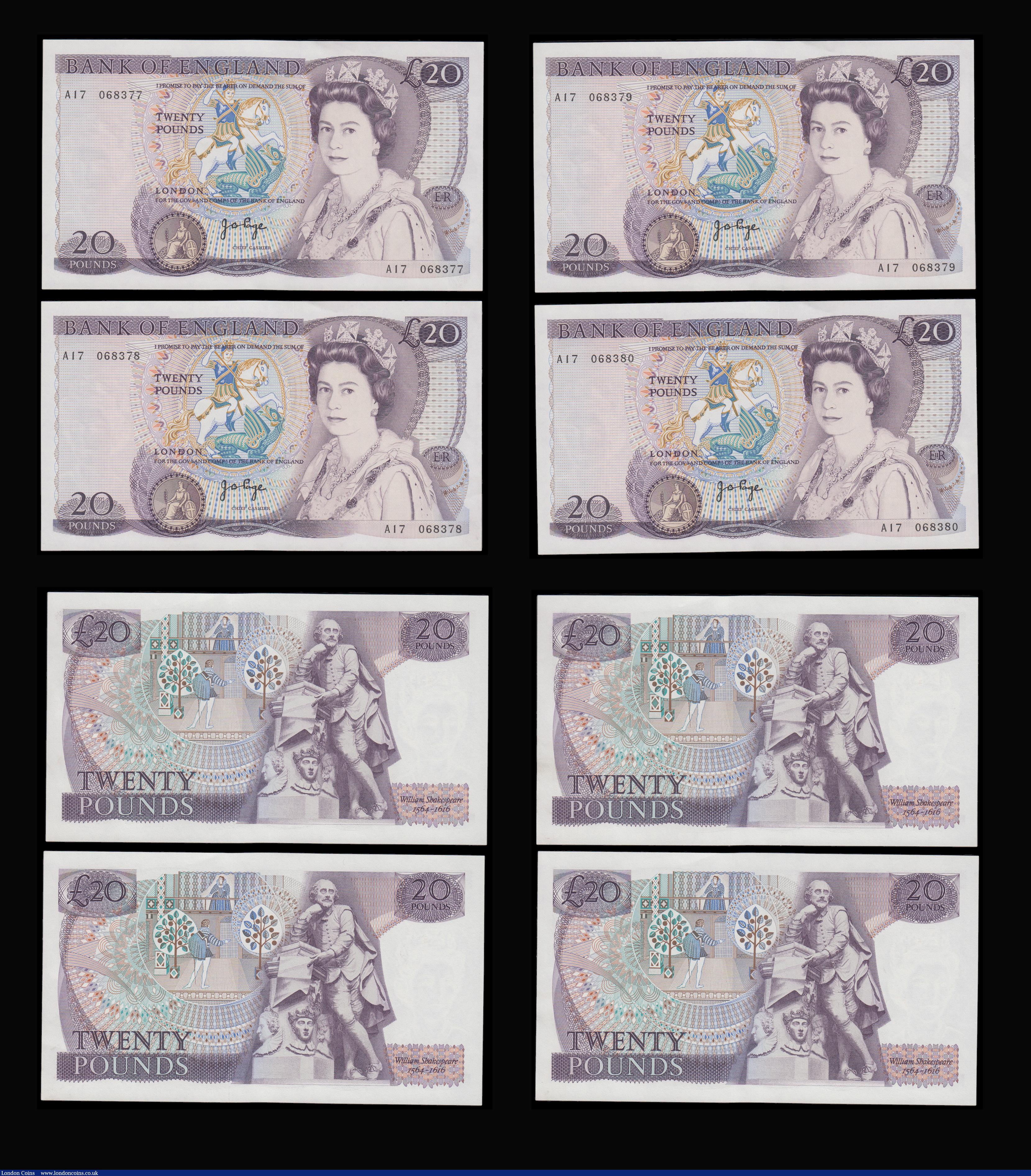 London Coins : A192 : Lot 79 : Twenty Pounds Page B328 issued 1970 first series William Shakespeare on reverse, Pick380b (10 consec...