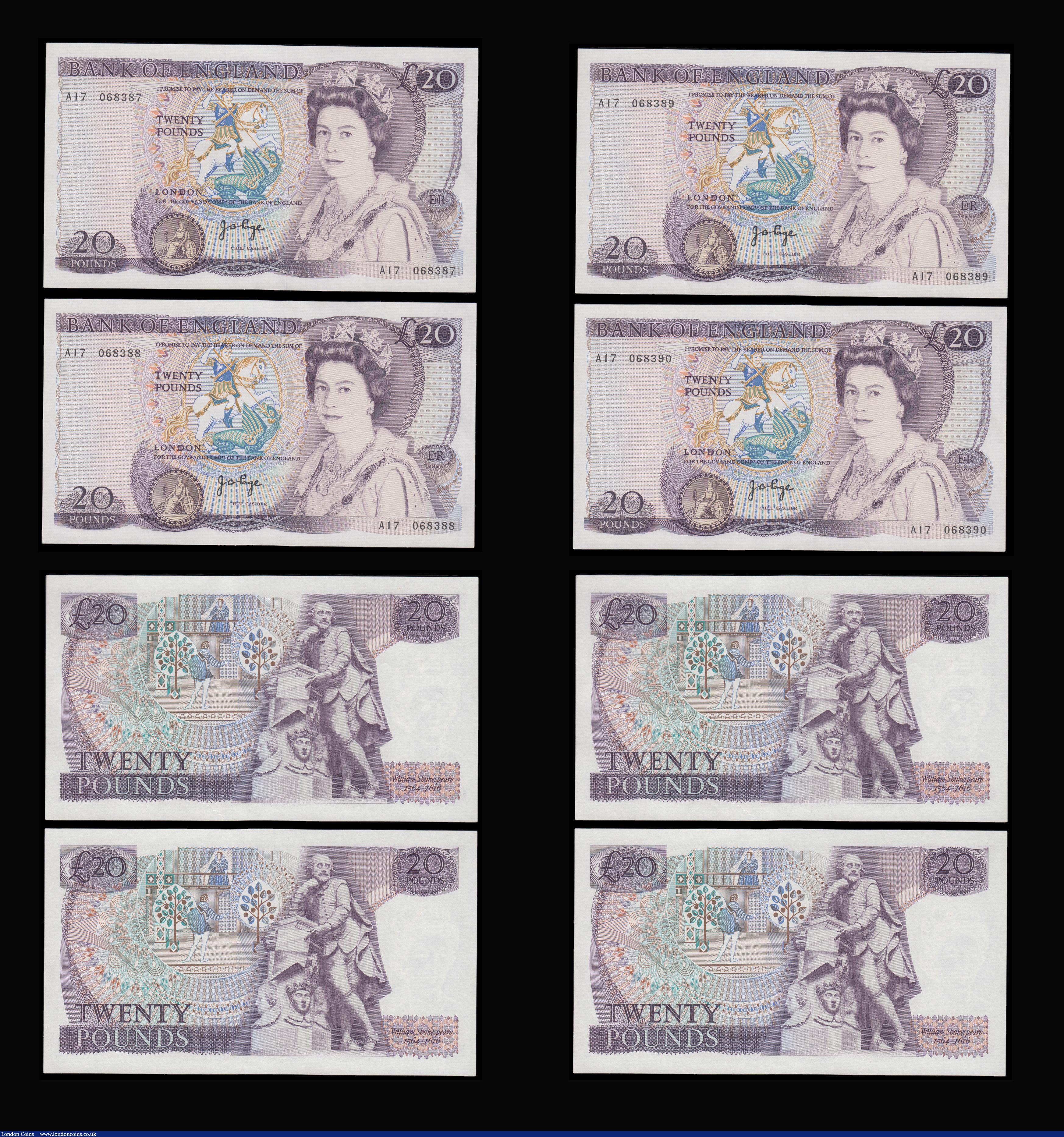 London Coins : A192 : Lot 80 : Twenty Pounds Page B328 issued 1970 first series William Shakespeare on reverse, Pick380b (10 consec...