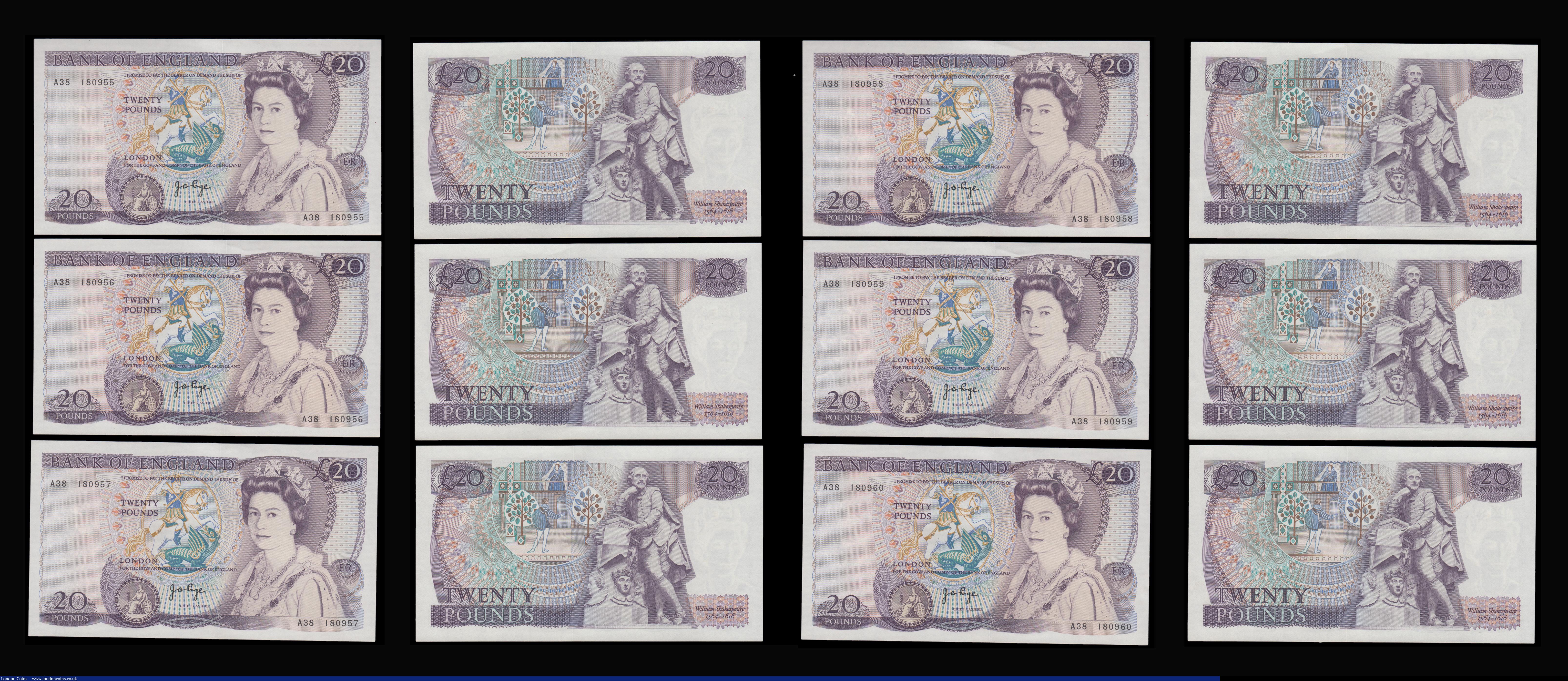 London Coins : A192 : Lot 82 : Twenty Pounds Page B328 issued 1970 first series William Shakespeare on reverse, Pick380b (10 consec...
