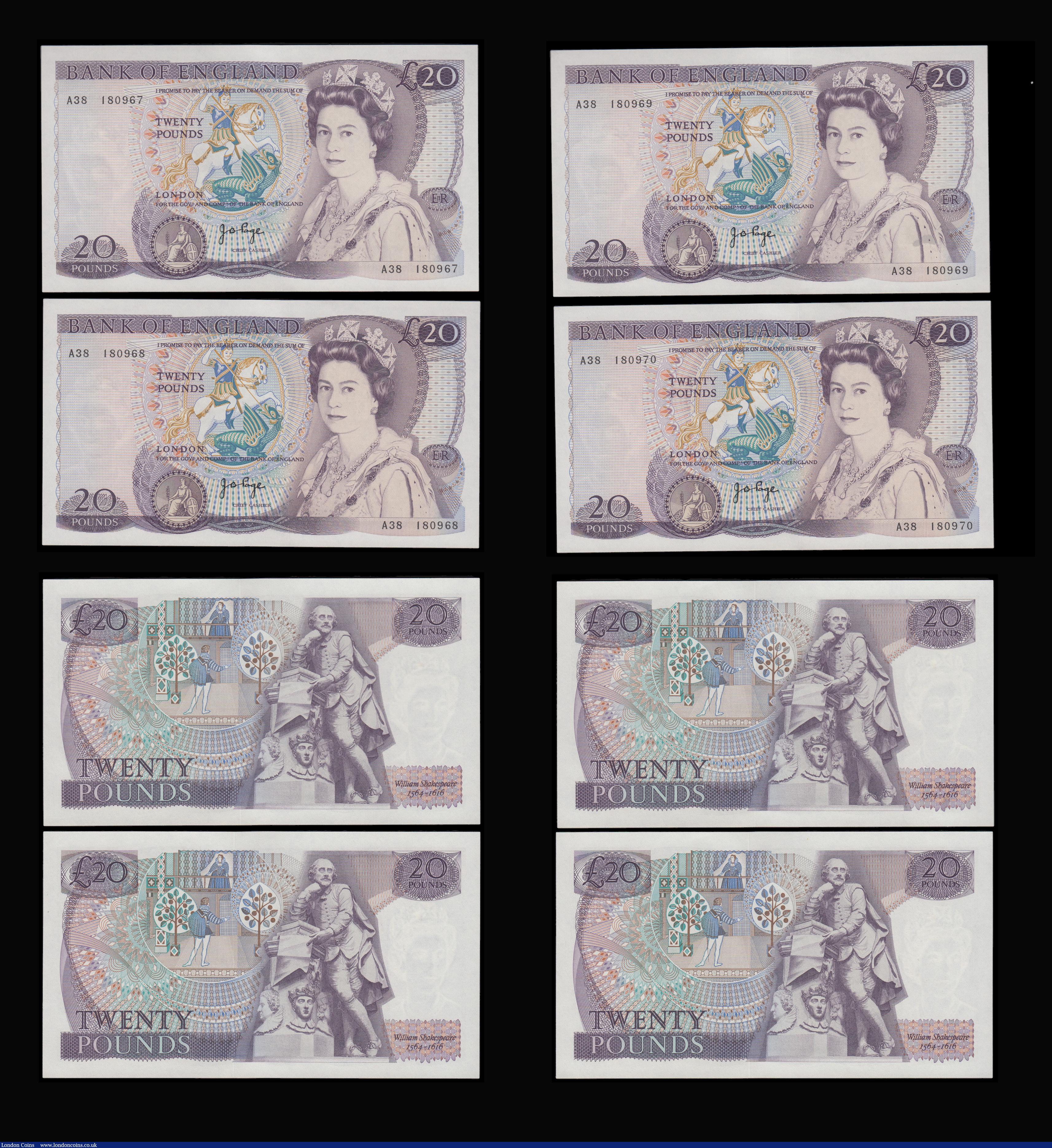 London Coins : A192 : Lot 83 : Twenty Pounds Page B328 issued 1970 first series William Shakespeare on reverse, Pick380b (10 consec...