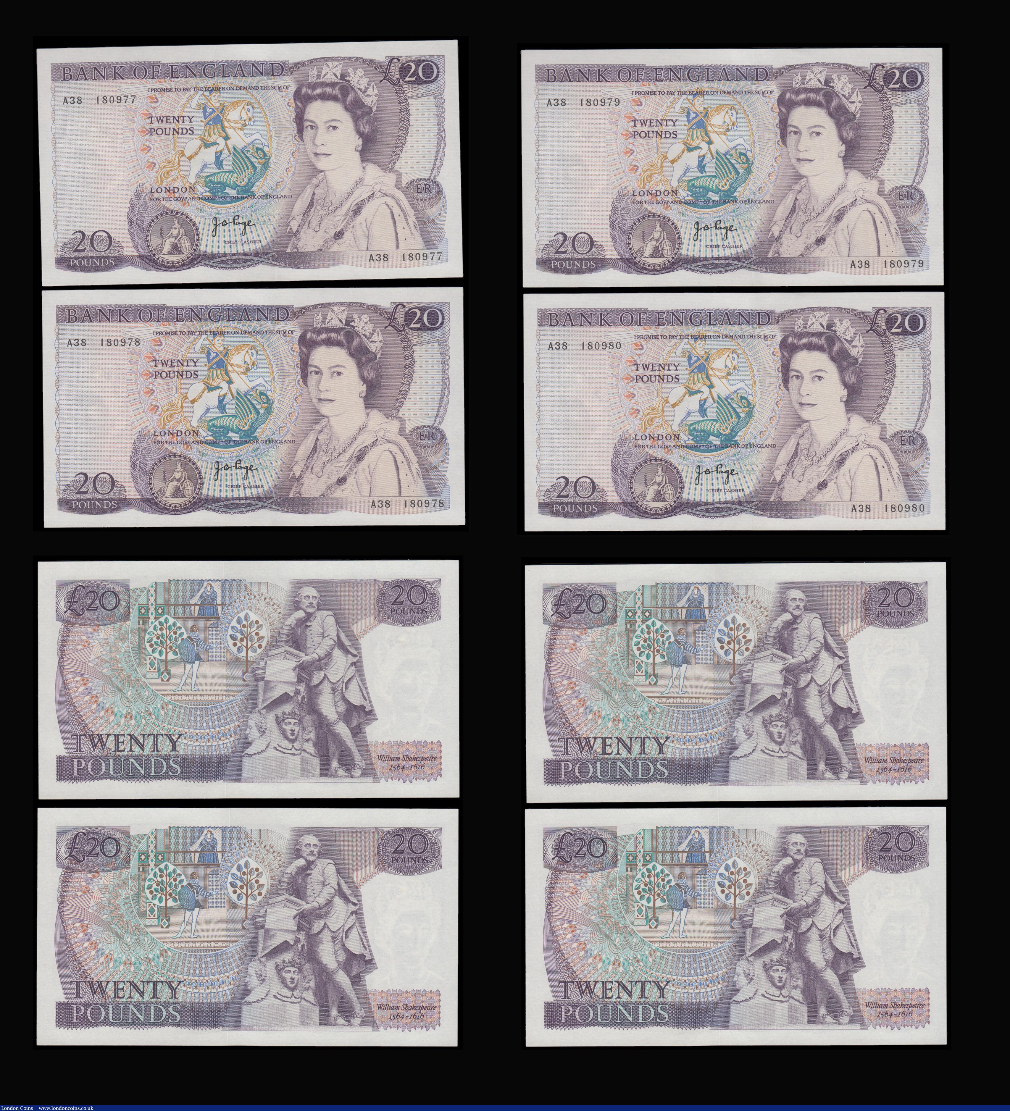 London Coins : A192 : Lot 84 : Twenty Pounds Page B328 issued 1970 first series William Shakespeare on reverse, Pick380b (10 consec...