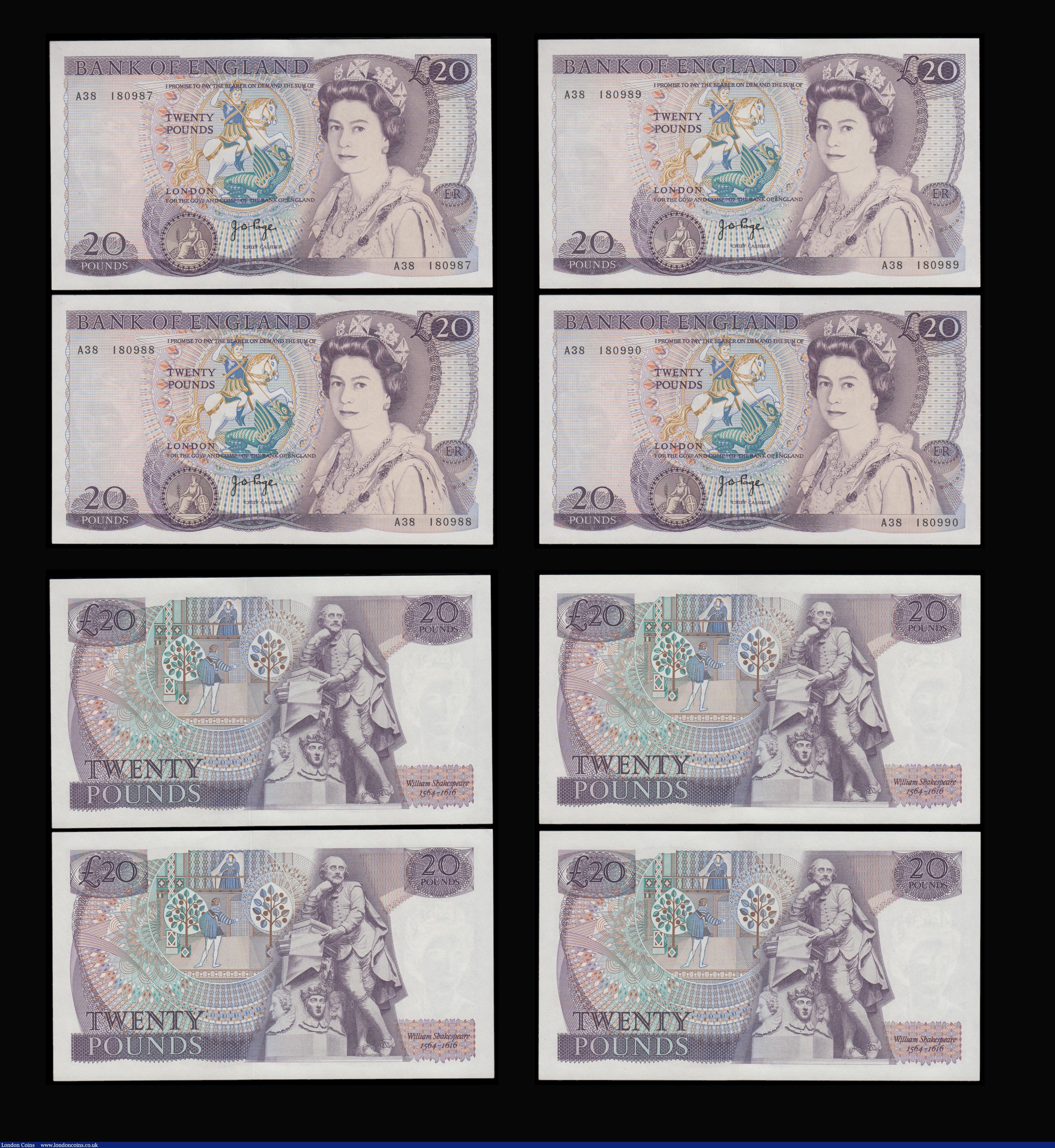 London Coins : A192 : Lot 85 : Twenty Pounds Page B328 issued 1970 first series William Shakespeare on reverse, Pick380b (10 consec...