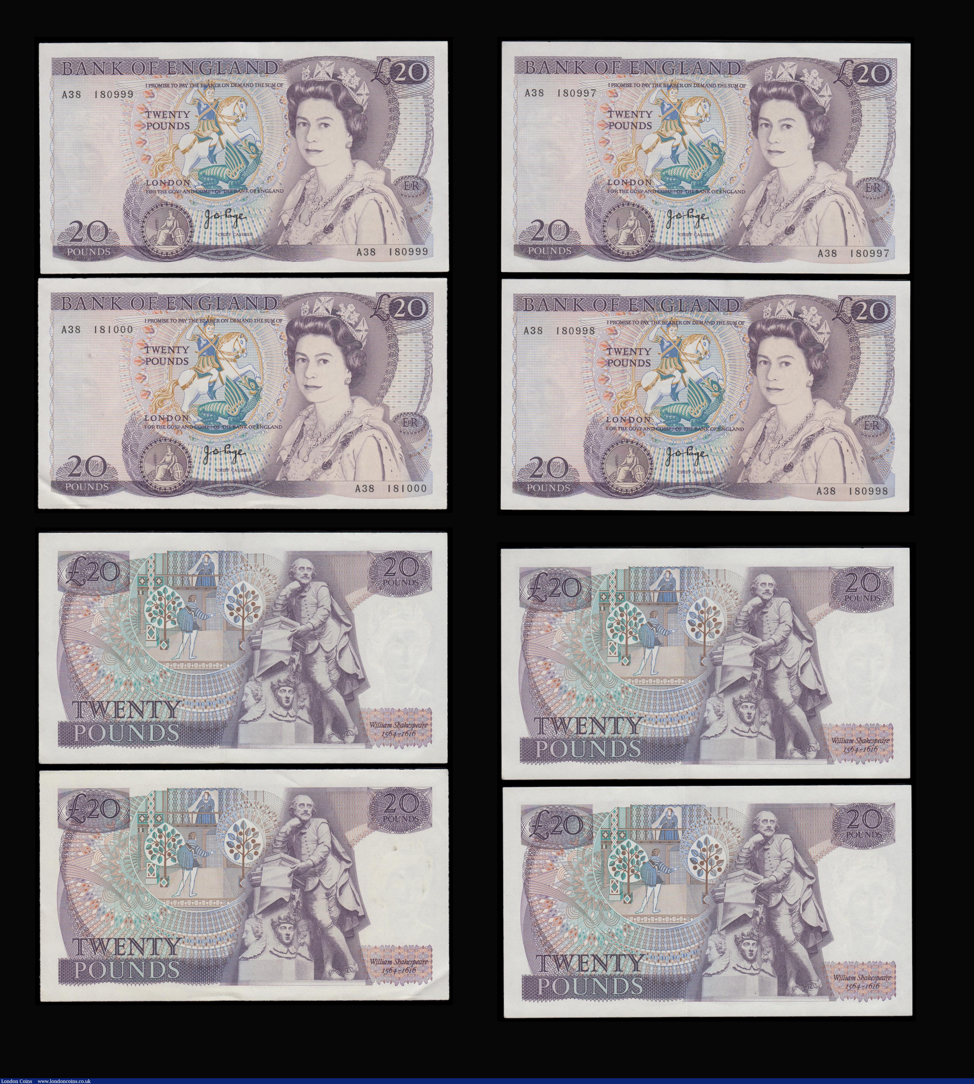 London Coins : A192 : Lot 86 : Twenty Pounds Page B328 issued 1970 first series William Shakespeare on reverse, Pick380b (10 consec...