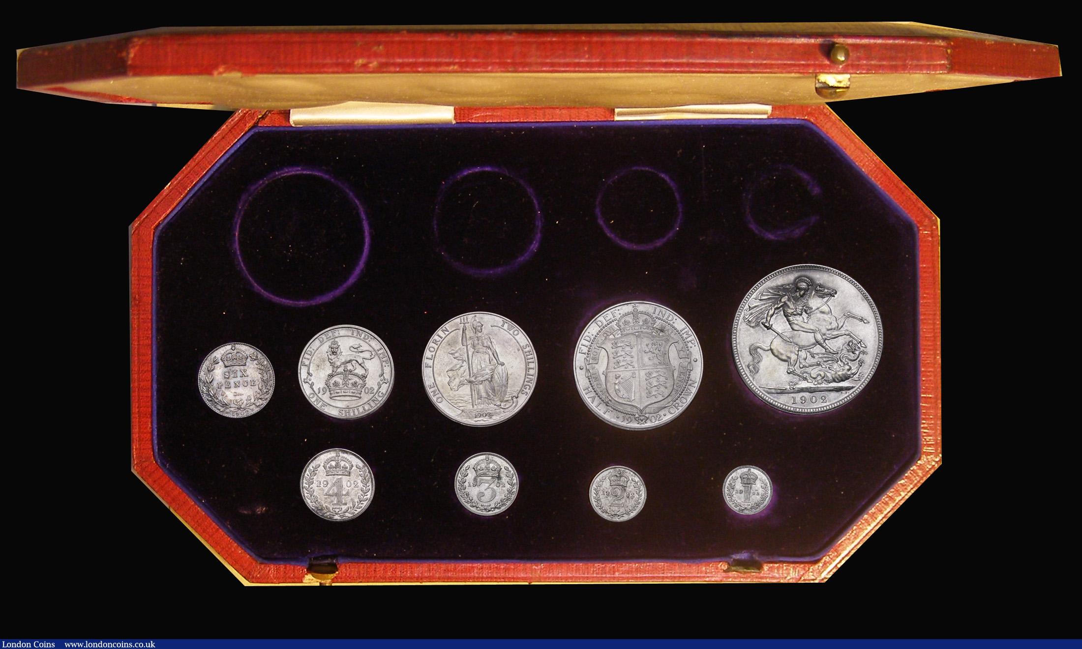 London Coins : A192 : Lot 897 : Proof Set 1902 Matt Finish Silver Set Crown - Maundy Penny (9 coins) darkly toned aFDC except the Ma...