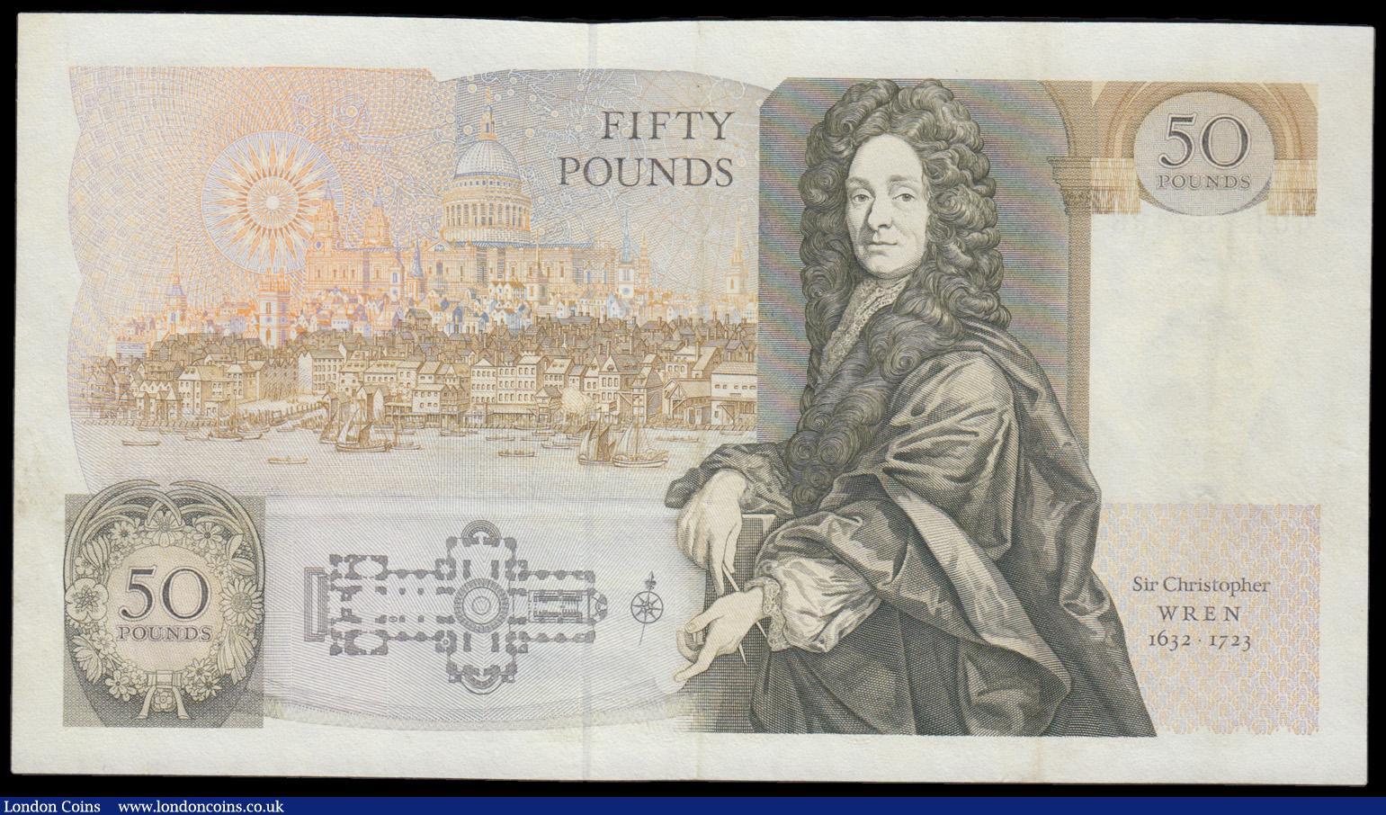 London Coins : A192 : Lot 99 : Fifty Pounds Gill B356 issued 1988 Sir Christopher Wren reverse First Run C01 674363 AU-Unc some fai...