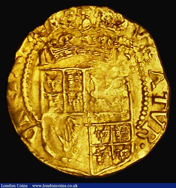 London Coins : A193 : Lot 1011 : Halfcrown James I Gold First Bust S.2629, mintmark Escallop, 1.3 grams, Fine, the reverse with doubl...