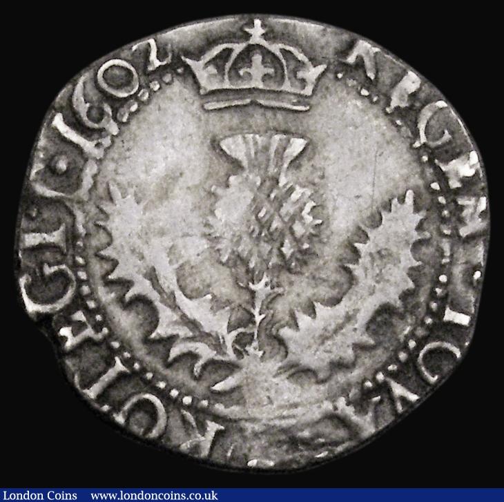 London Coins : A193 : Lot 1028 : Scotland Eighth Thistle Merk, James VI, Eighth Coinage 1602 S.5500, Good Fine with an edge nick and ...