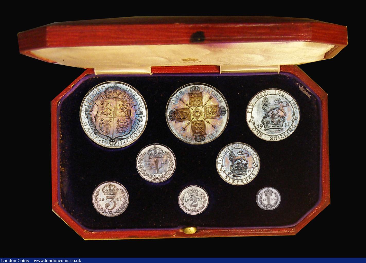 London Coins : A193 : Lot 1049 : Proof Set 1911 Silver Set (8 coins) Halfcrown to Maundy Penny nFDC with a choice colourful tone, a n...
