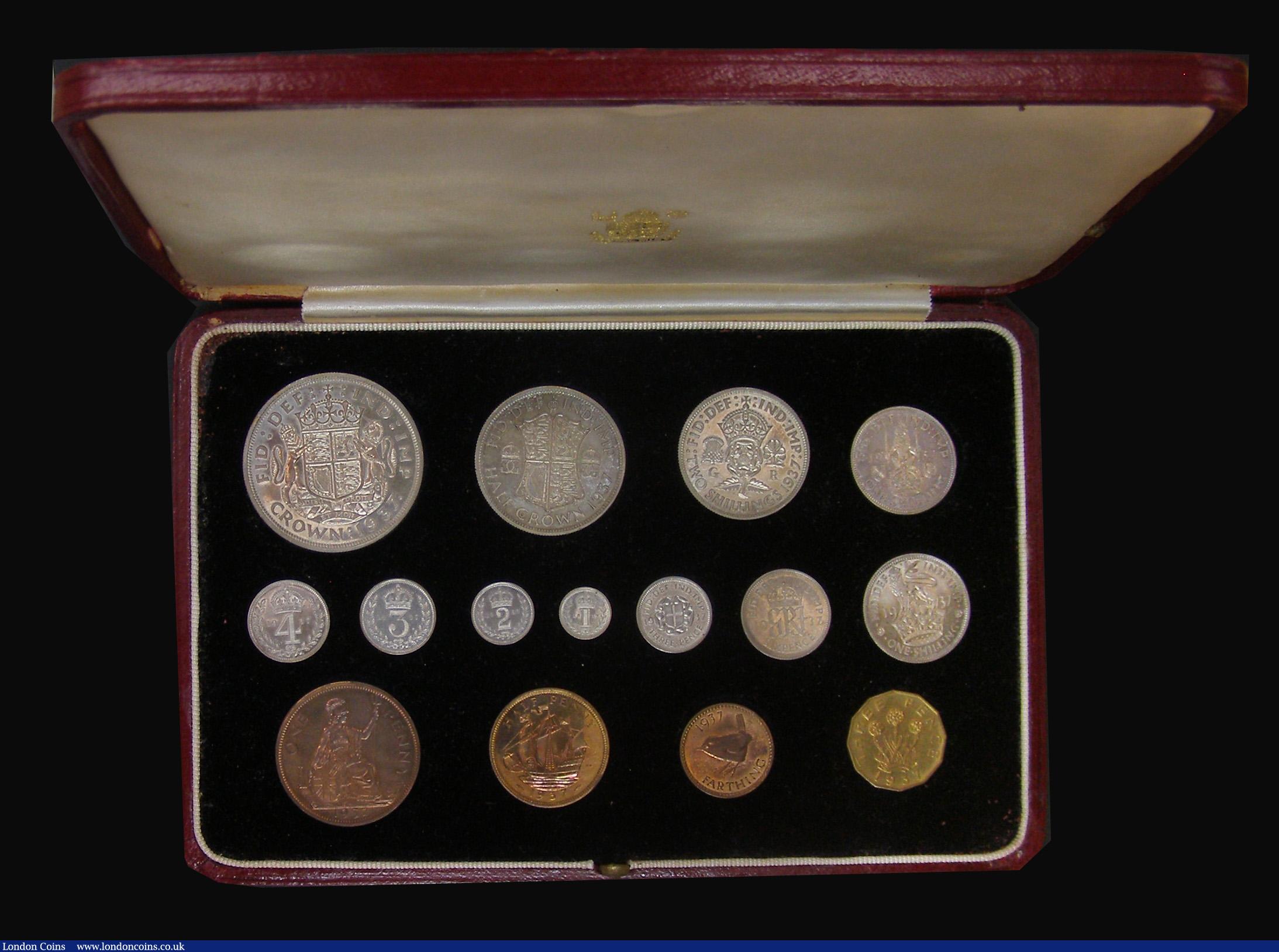 London Coins : A193 : Lot 1055 : Proof Set 1937 (15 coins) Crown to Farthing including the Maundy Set, nFDC-FDC, comes with the maroo...