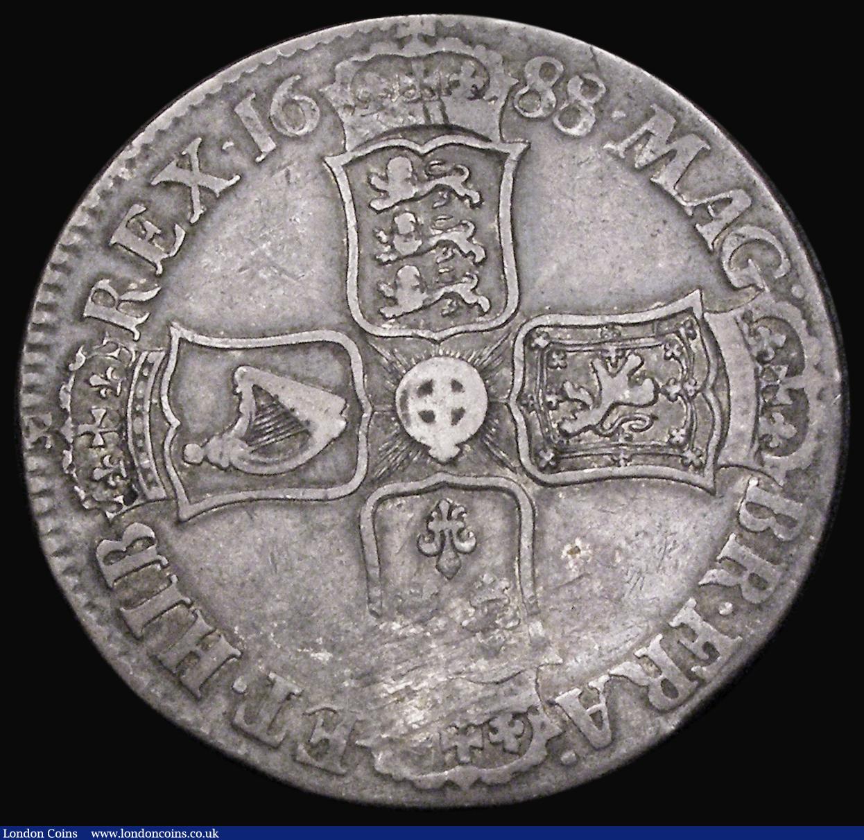 London Coins : A193 : Lot 1087 : Crown 1688 ESC 80, Bull 746 Fine with a dark mostly even tone and some adjustment lines