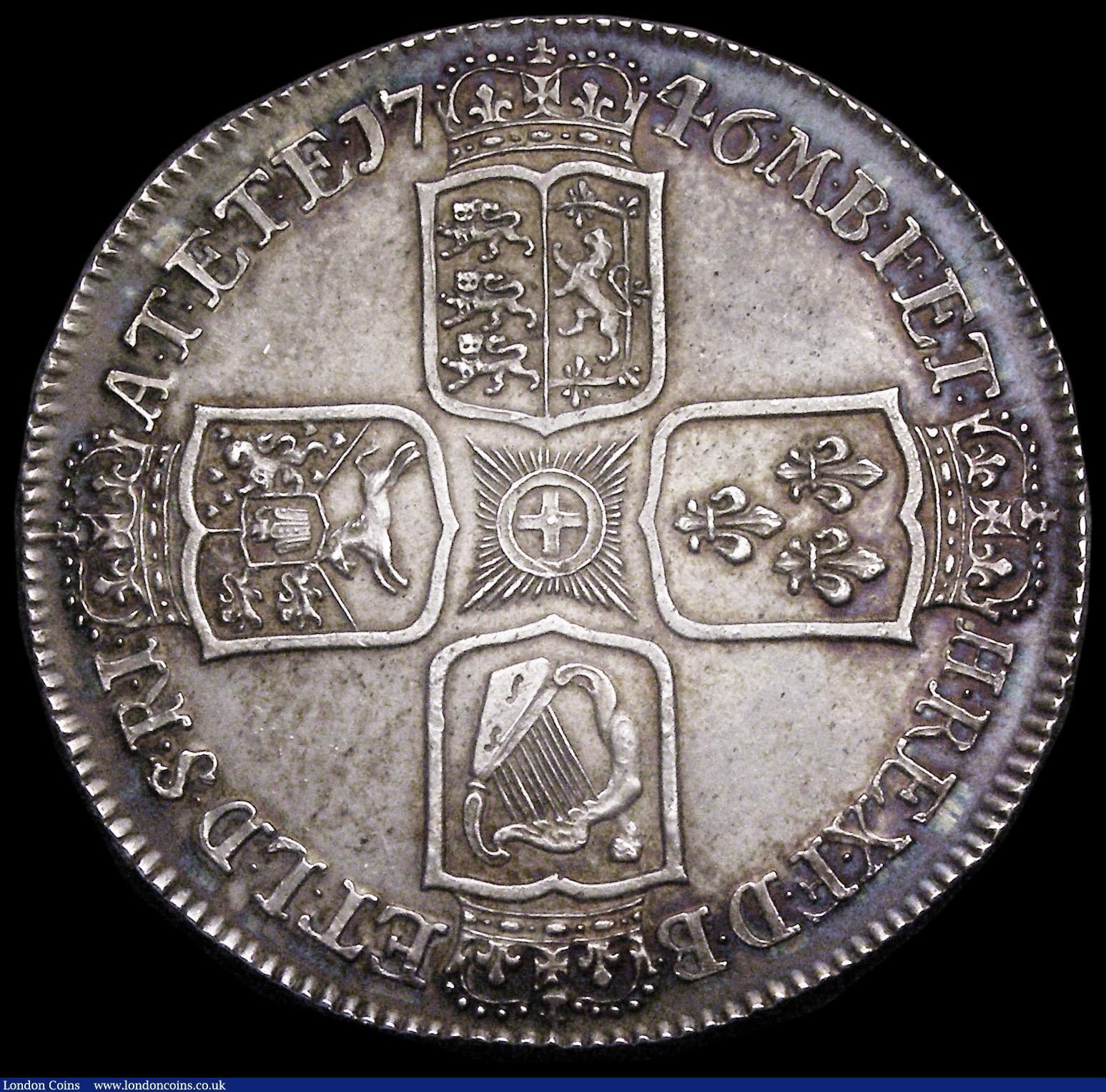 London Coins : A193 : Lot 1100 : Crown 1746 LIMA, DECIMO NONO edge, ESC 125, Bull 1668 AU/Unc or near so with a deep rich tone, rare ...