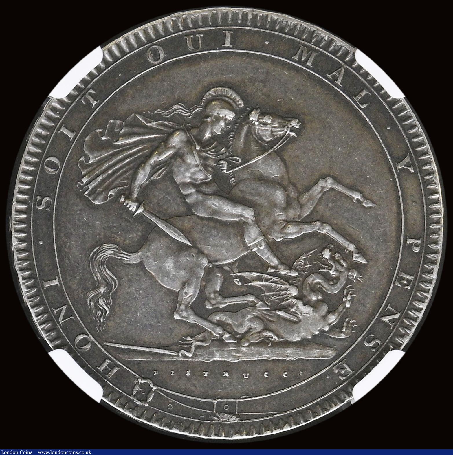 London Coins : A193 : Lot 1103 : Crown 1818 LIX ESC 214, Bull 2009 NGC AU58 and with attractive grey tone