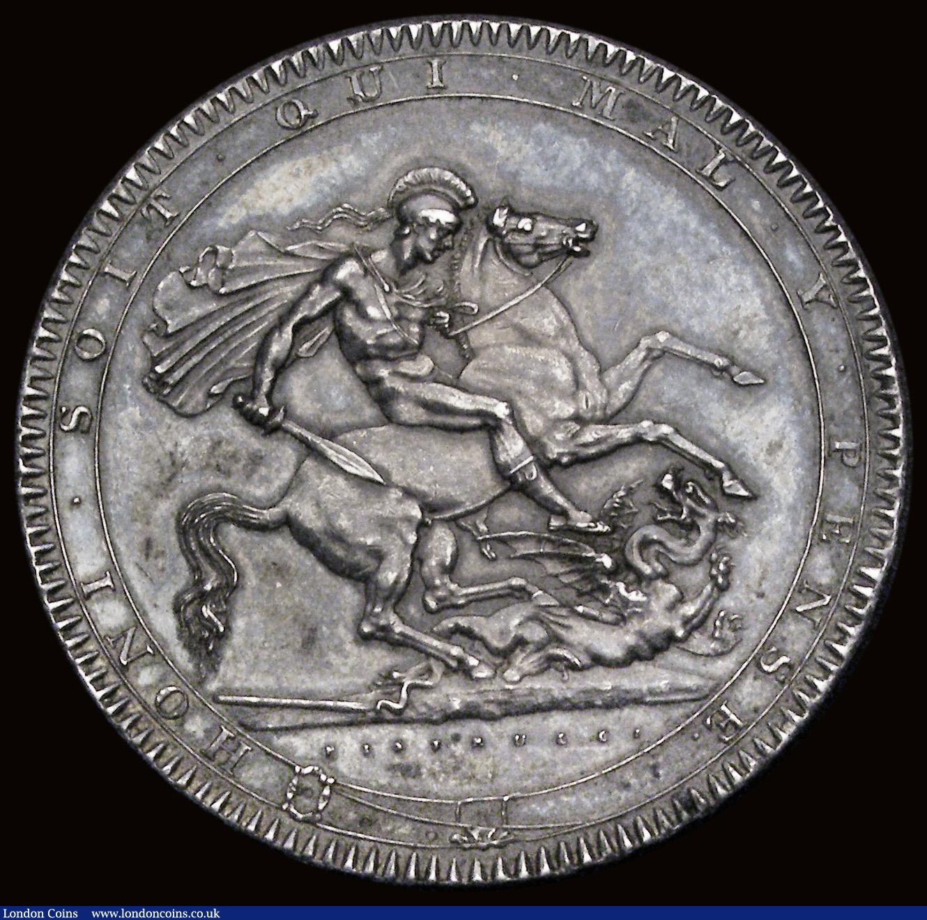 London Coins : A193 : Lot 1104 : Crown 1818 LVIII edge ESC 211, Bull 2005 EF and richly toned with a few scuffs obverse