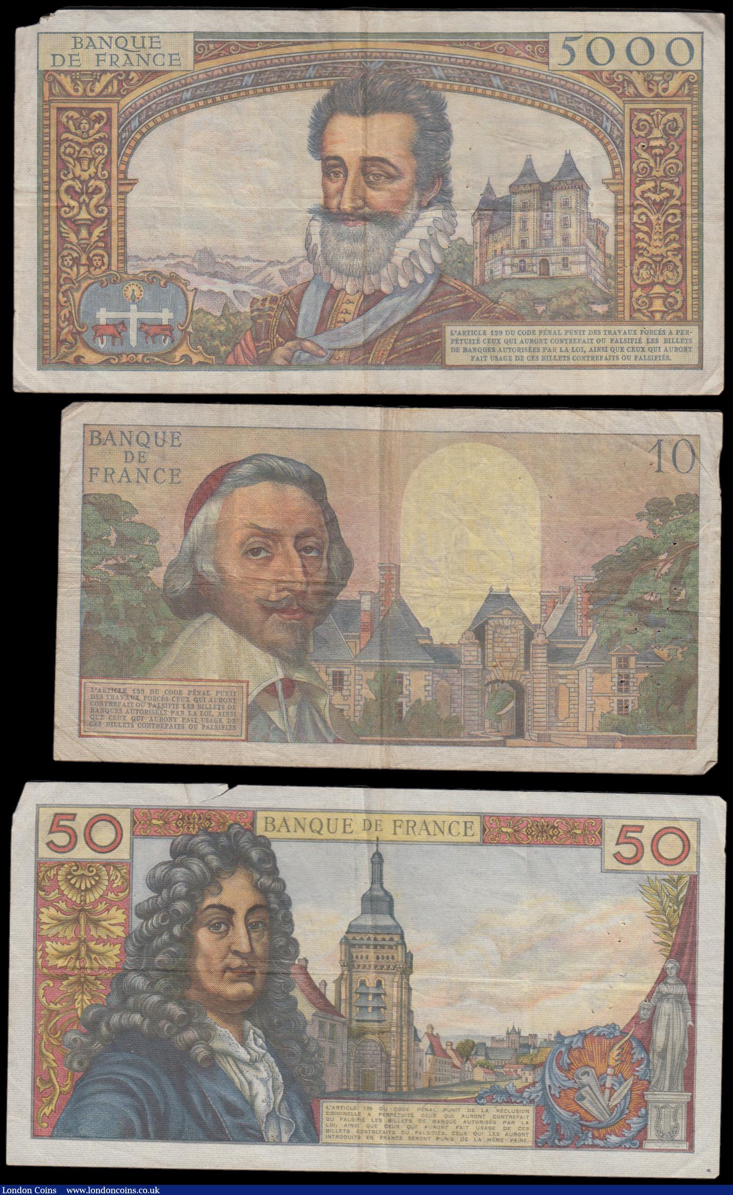 London Coins : A193 : Lot 113 : France 50 Nouveaux Francs on 5,000 Francs 30-10-1958  Pick 139a VF multiple pinholes, top right corn...