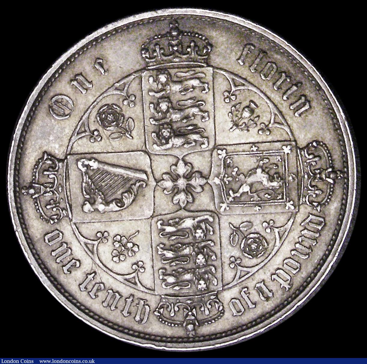 London Coins : A193 : Lot 1239 : Florin 1858 widely spaced ccc in date, Bull 2838, Good VF/NEF