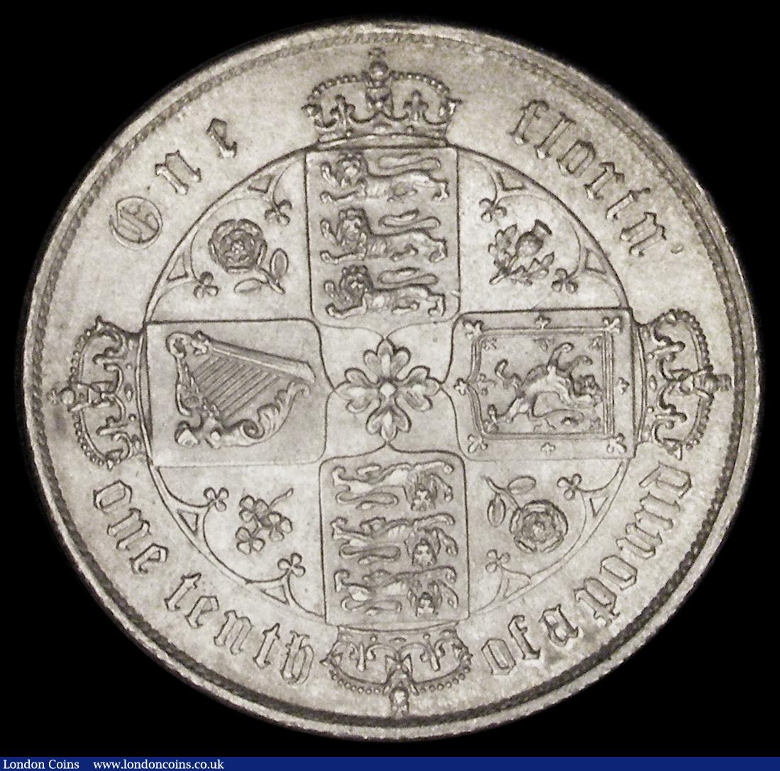 London Coins : A193 : Lot 1242 : Florin 1865 ESC 829, Bull 2857, Die Number 5, Unc or near so the reverse particularly choice