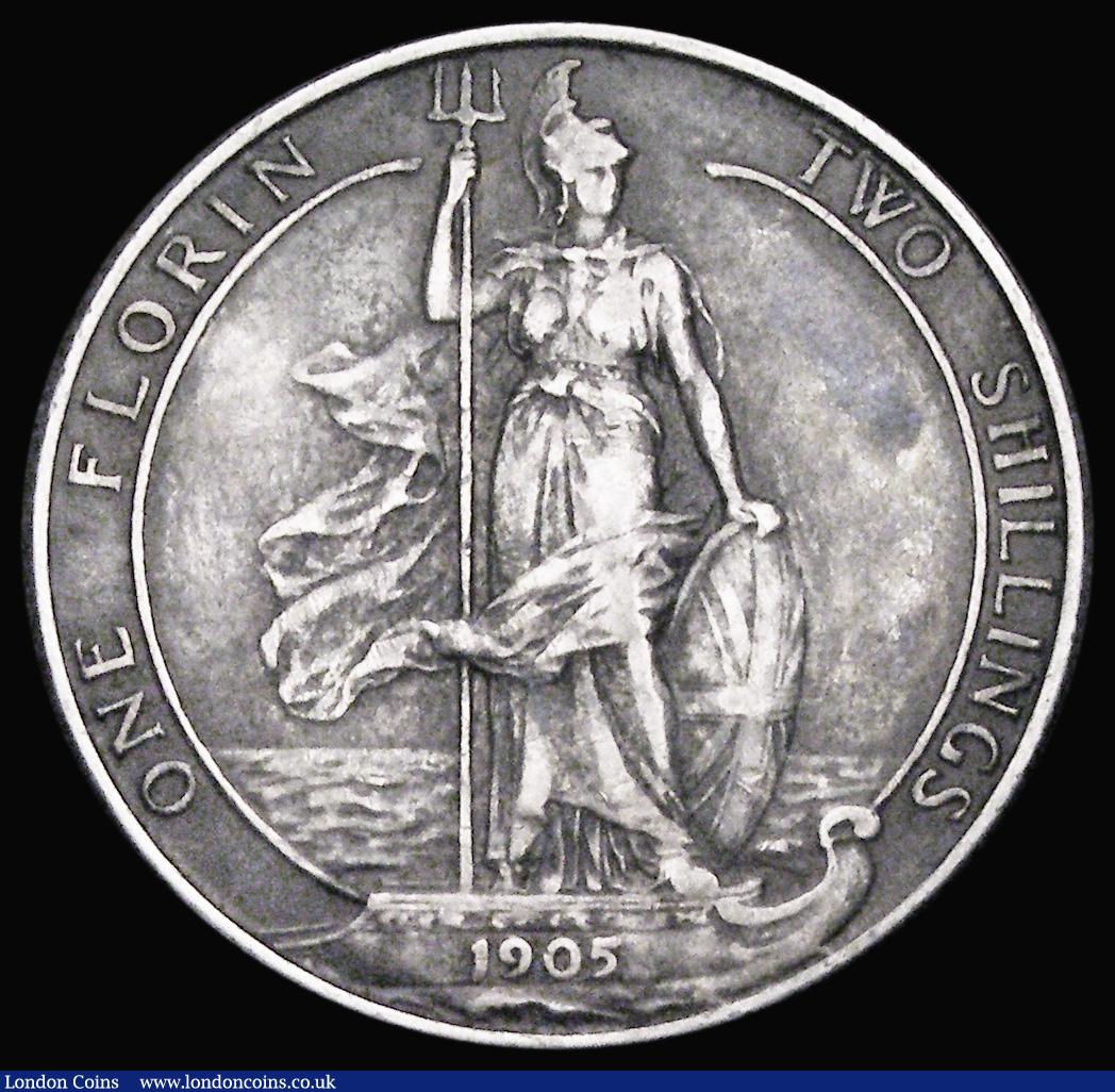 London Coins : A193 : Lot 1259 : Florin 1905 ESC 923, Bull 3581 Fine with grey tone, the obverse with some nicks